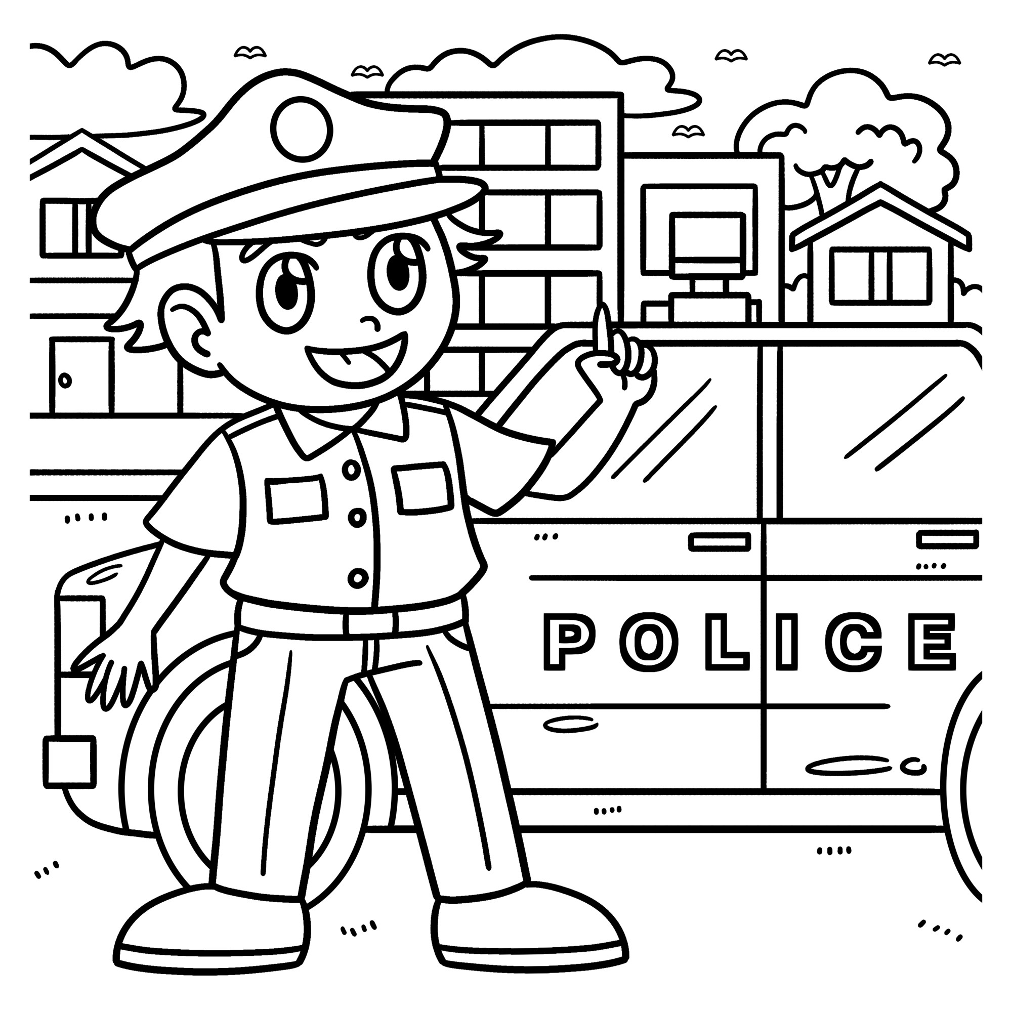 Раскраска для детей: полицейский с поднятым вверх пальцем руки