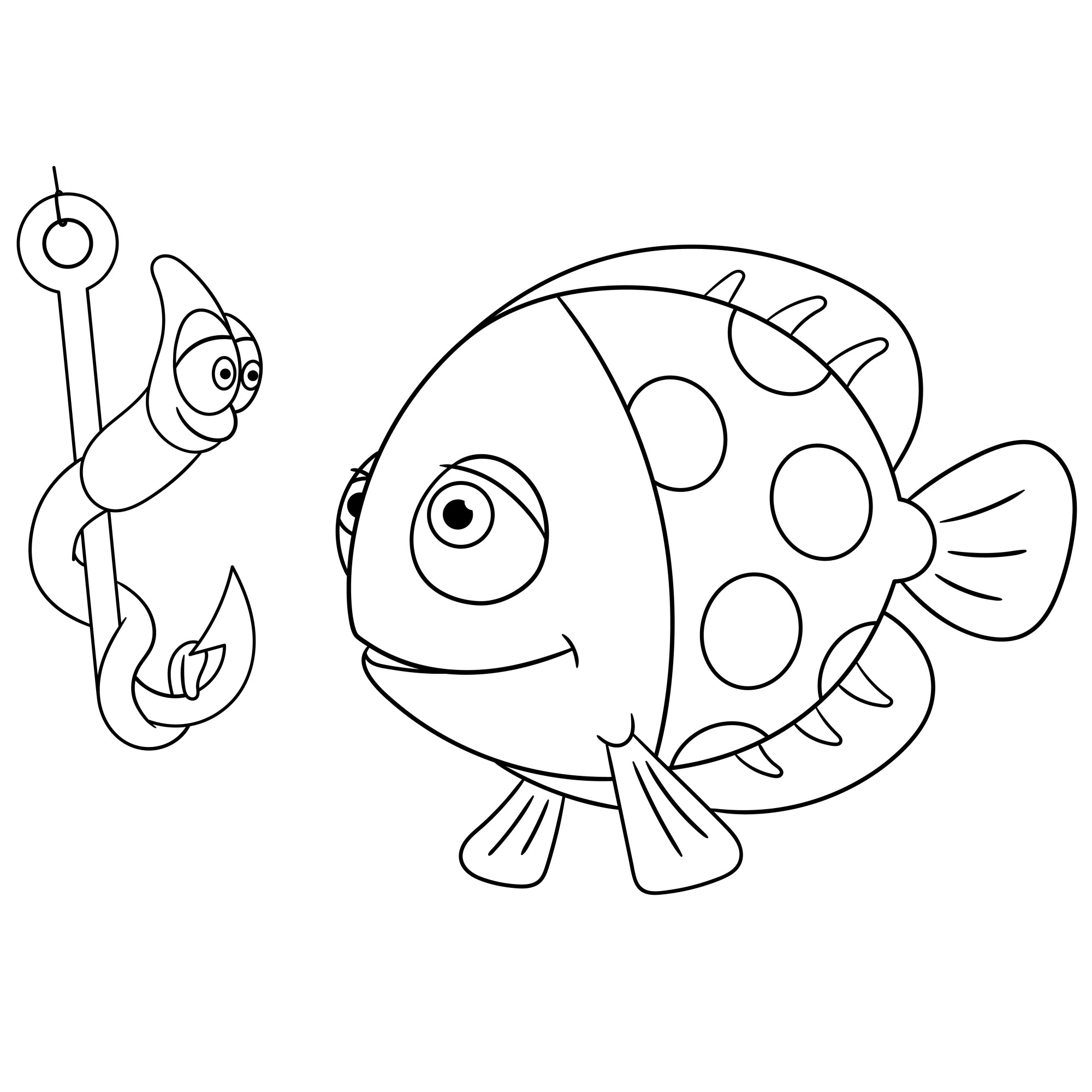 Раскраска для детей: милая рыба и червь на рыболовном крючке