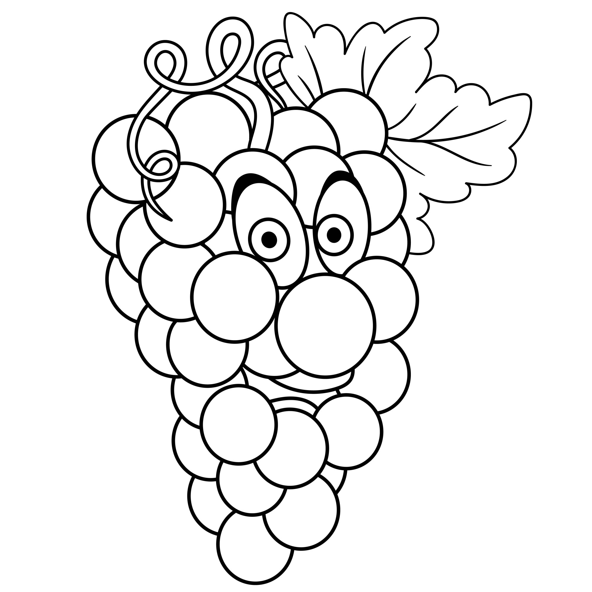 Раскраска для детей: мультяшная гроздь винограда с большими глазами