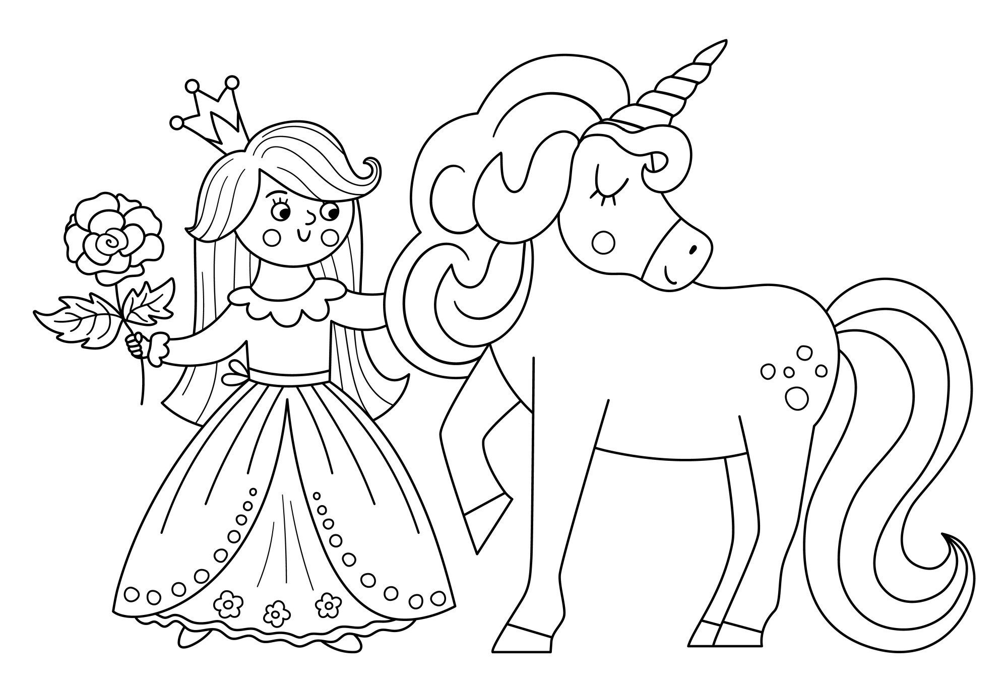 Раскраска для детей: принцесса с единорогом