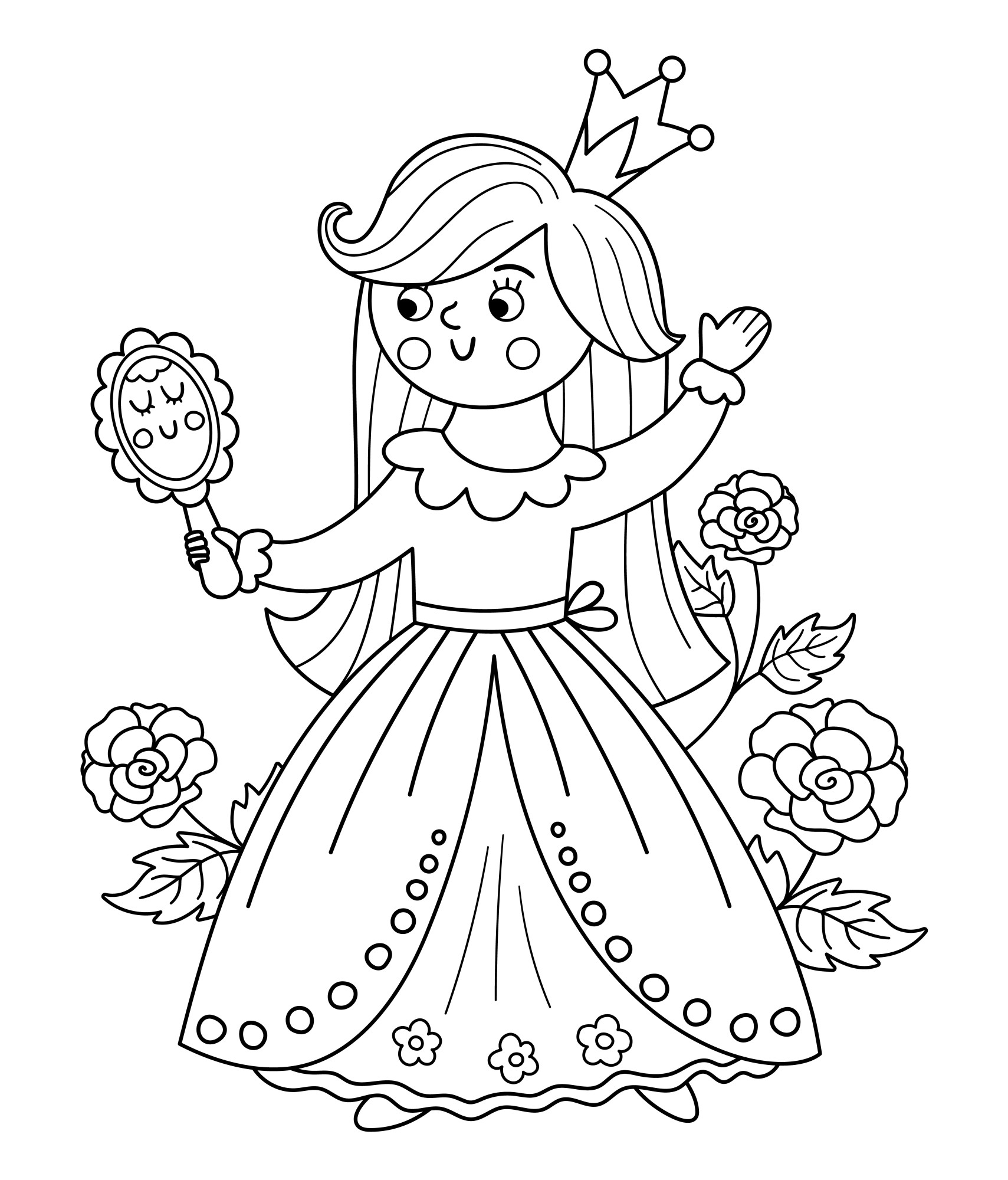 Раскраска для детей: фантазийная принцесса с зеркалом на фоне цветов