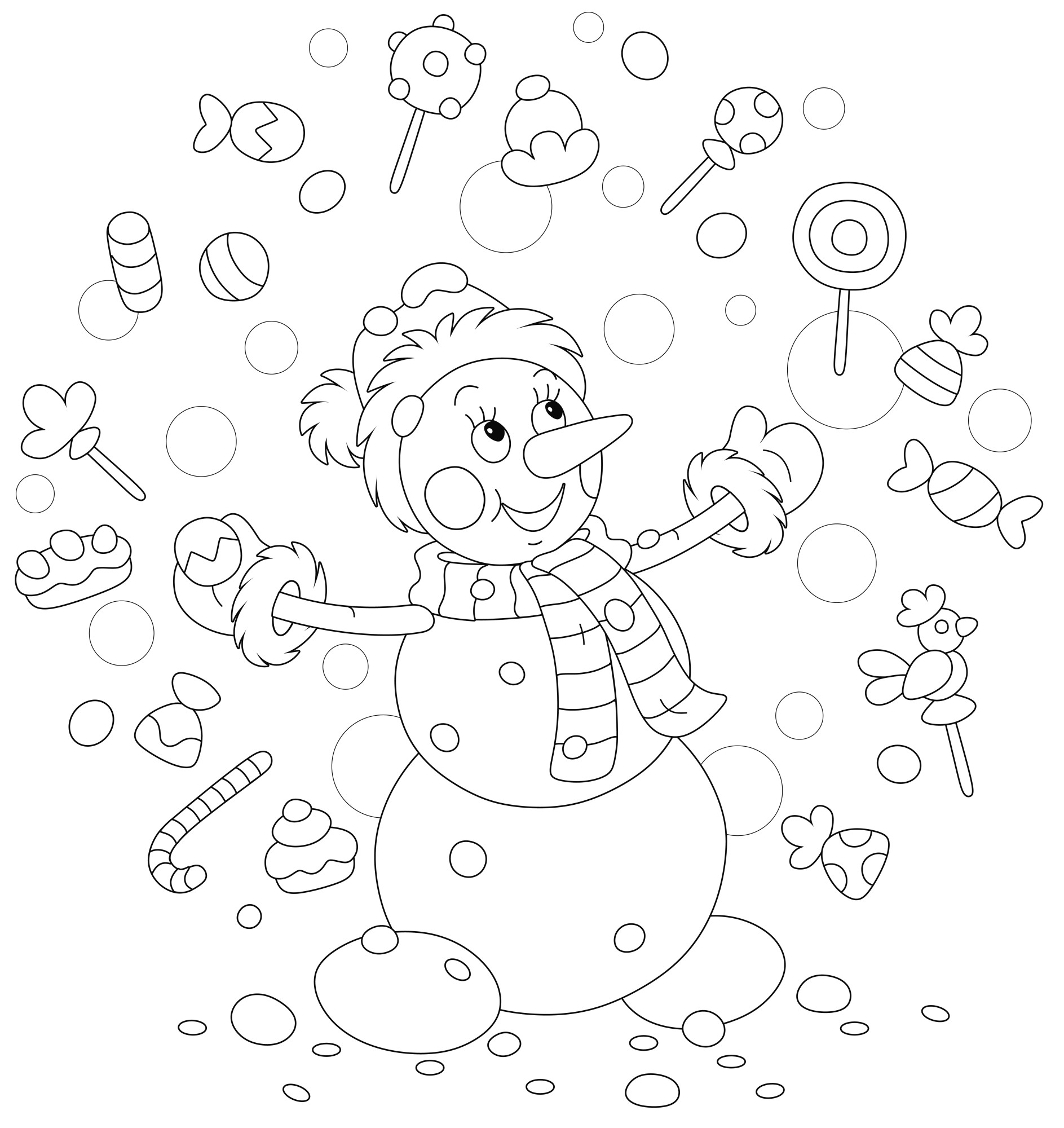Раскраска для детей: счастливый маленький снеговик жонглирует сладостями