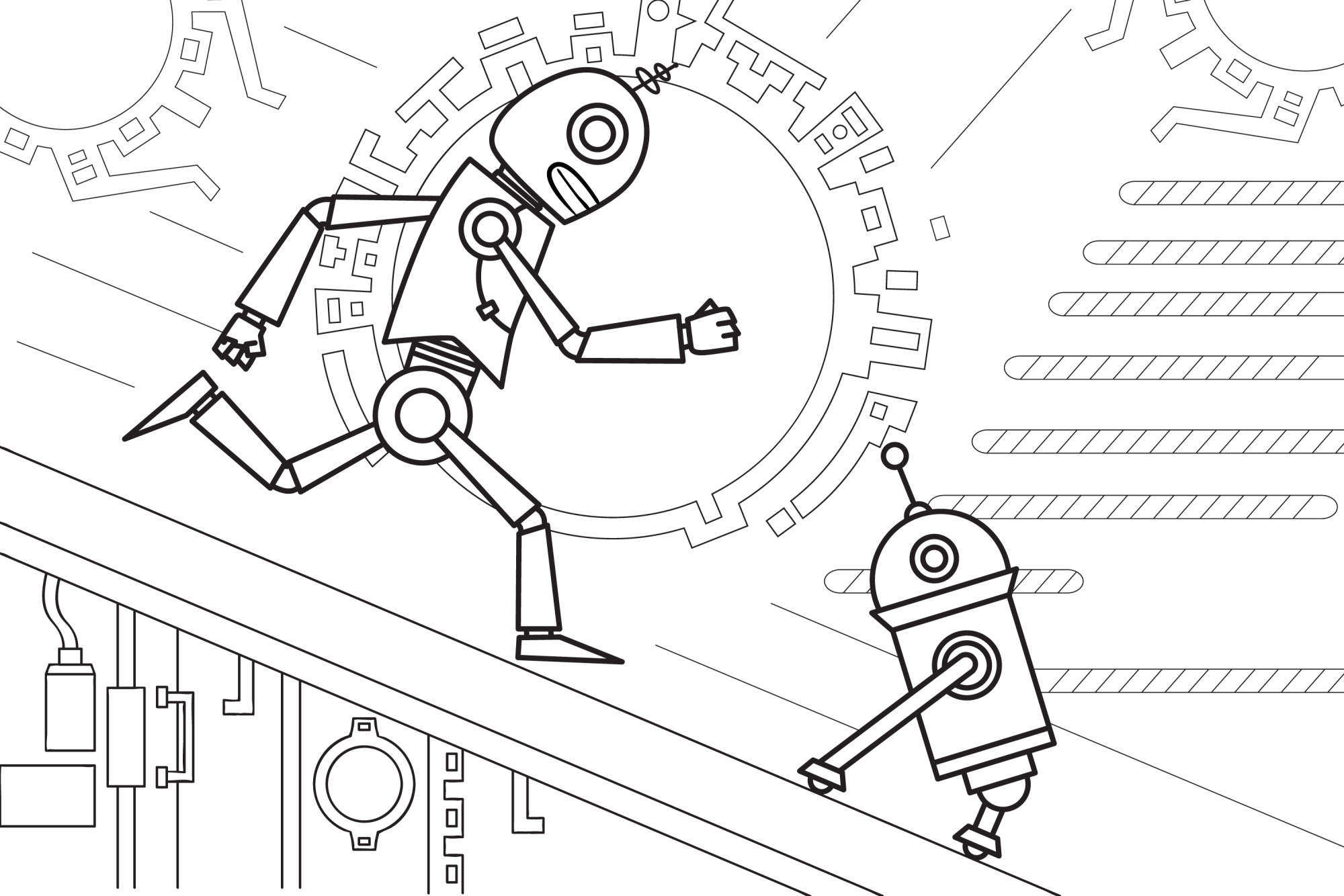 Раскраска для детей: роботы играют на палубе космического корабля