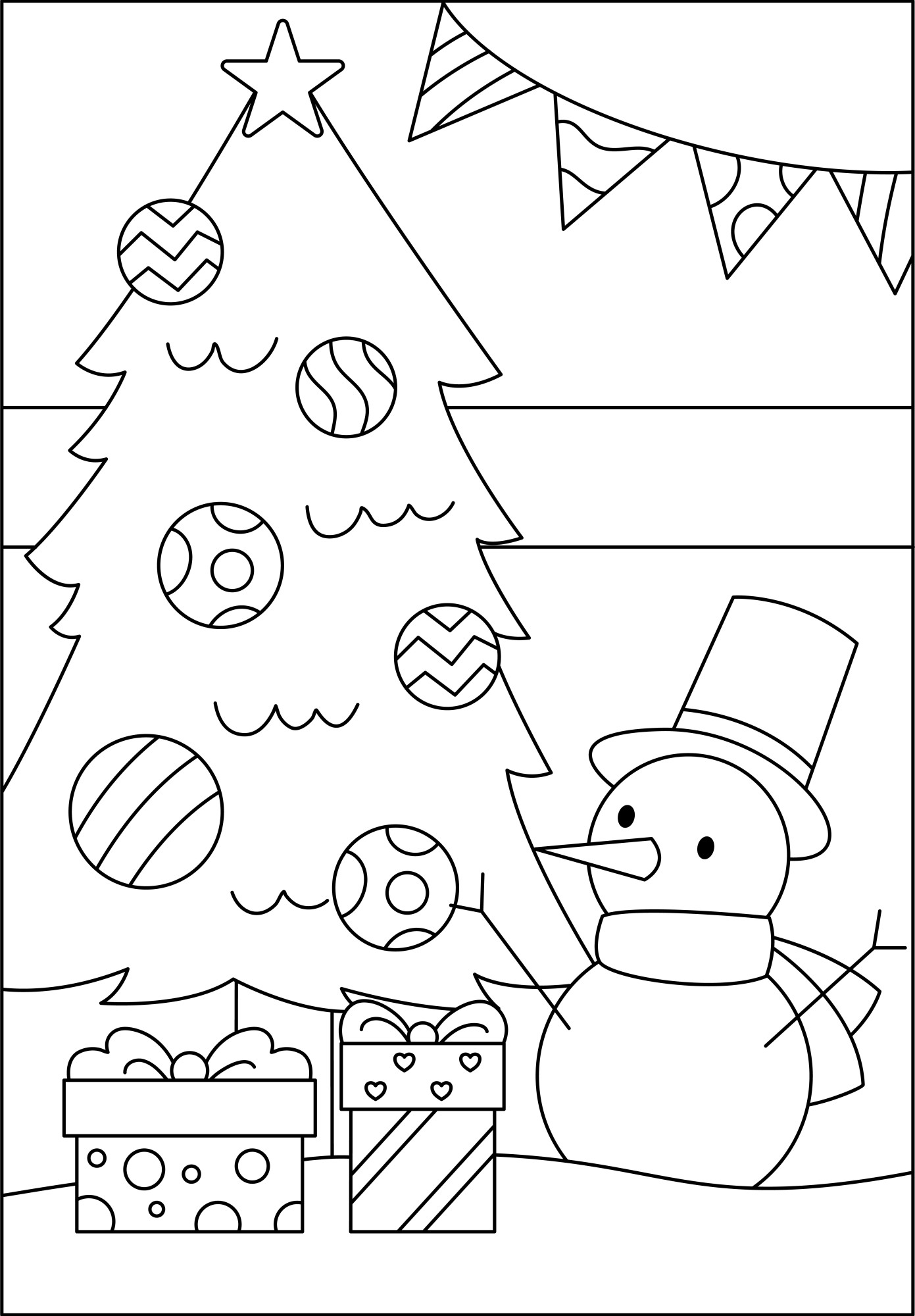 Раскраска для детей: новогодняя елка с большими новогодними шарами радом со снеговиком и подарками