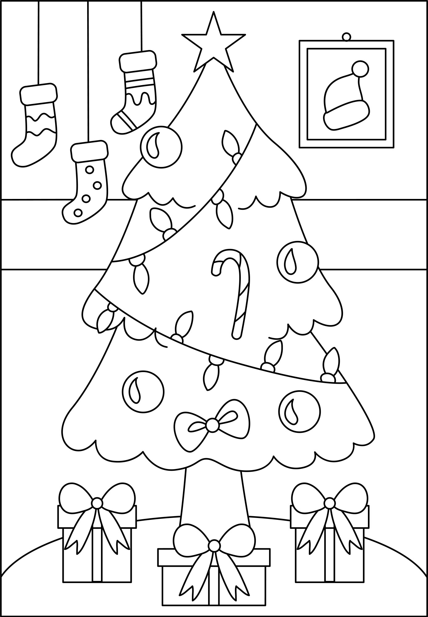 Раскраска для детей: новогодняя ёлка в комнате с подарками