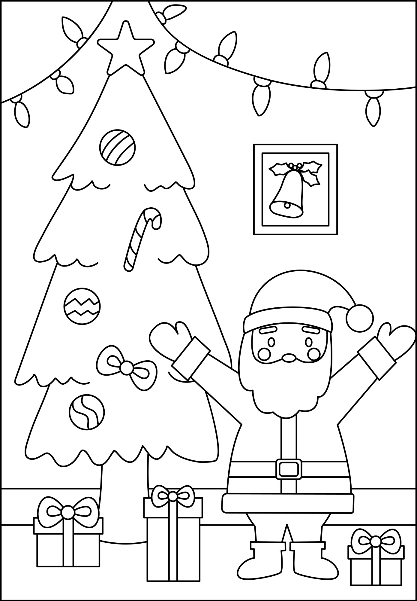 Раскраска для детей: волшебный дед мороз рядом с ёлкой и подарками