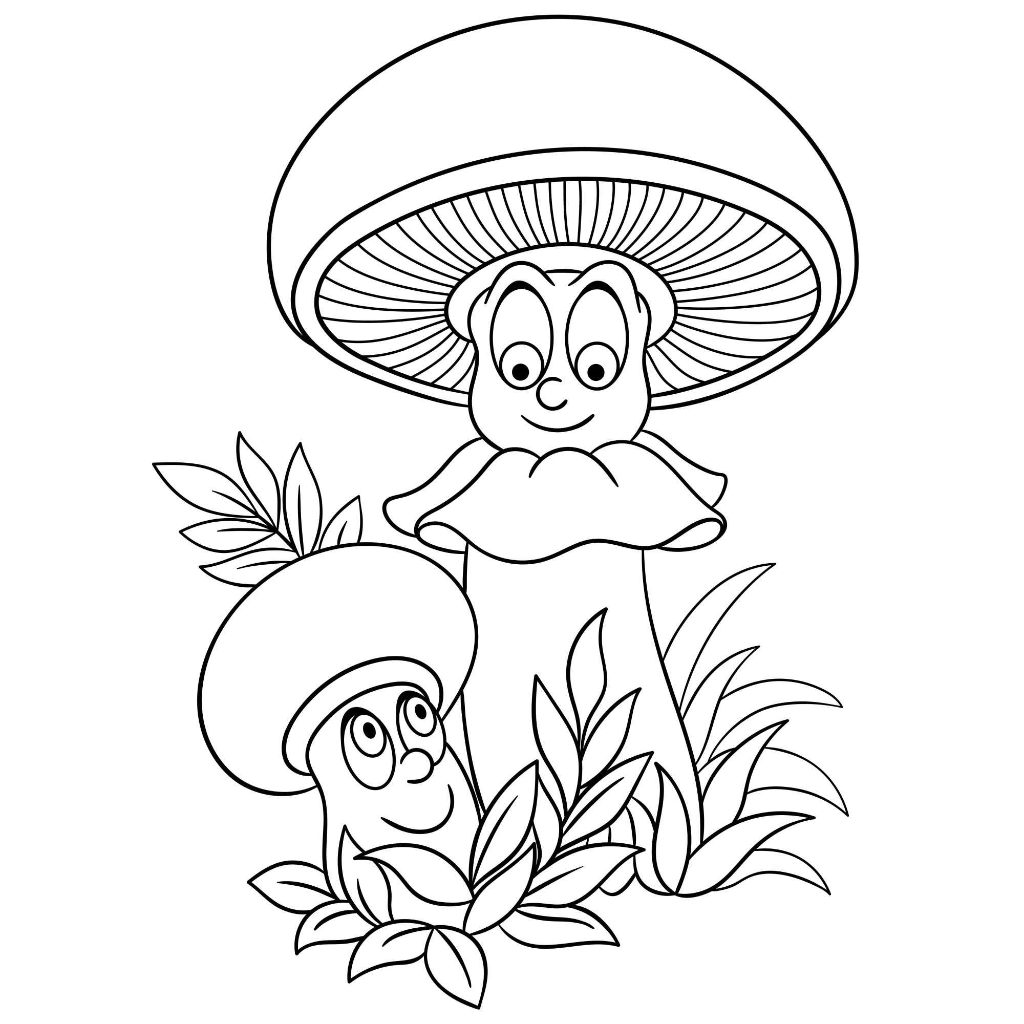 Раскраска для детей: грибы с глазами в траве
