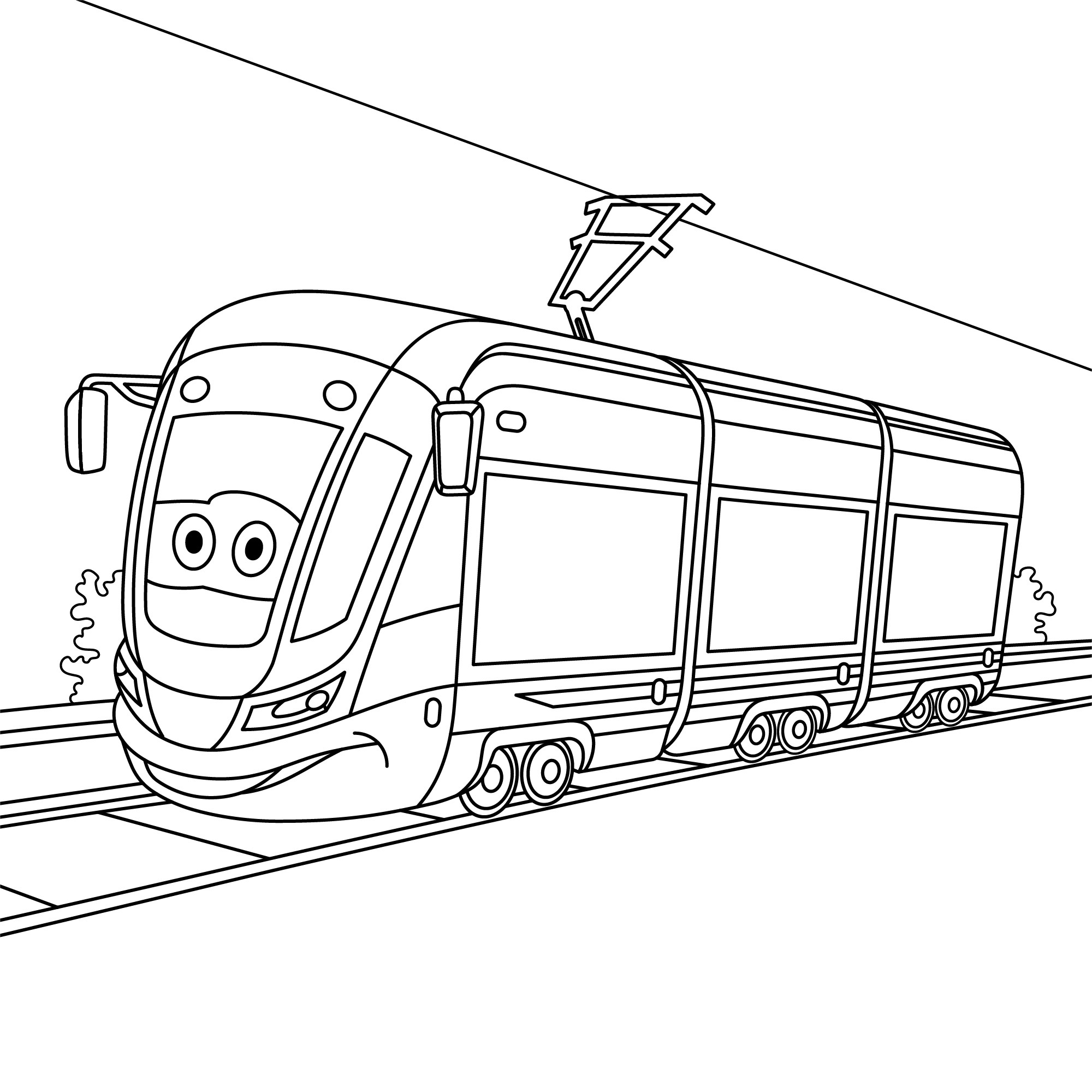 Раскраска для детей: игрушечный трамвай с лицом