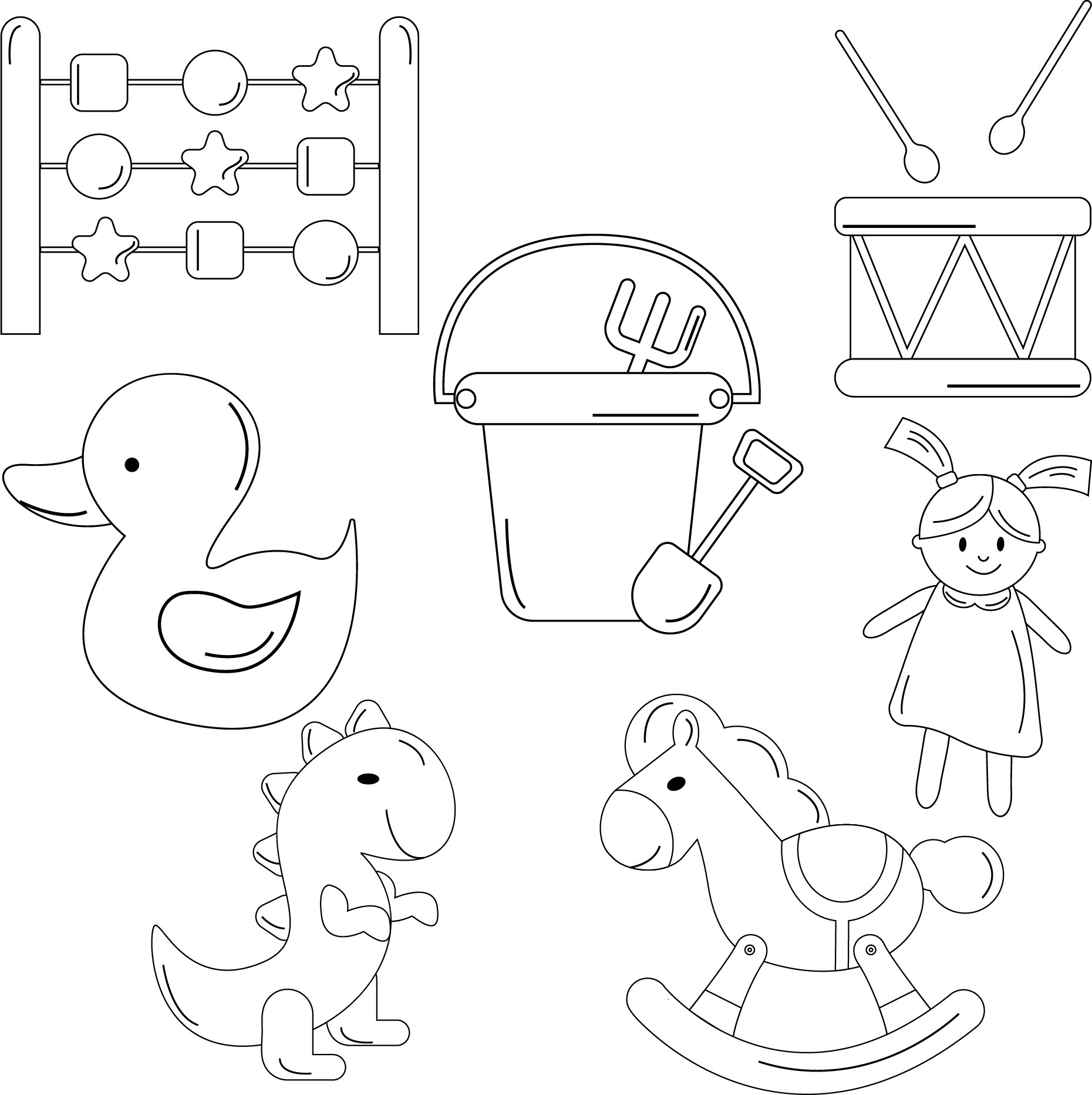 Раскраска для детей: набор детских игрушек: счеты, ведерко, барабан, кукла, уточка, динозаврик, лошадка