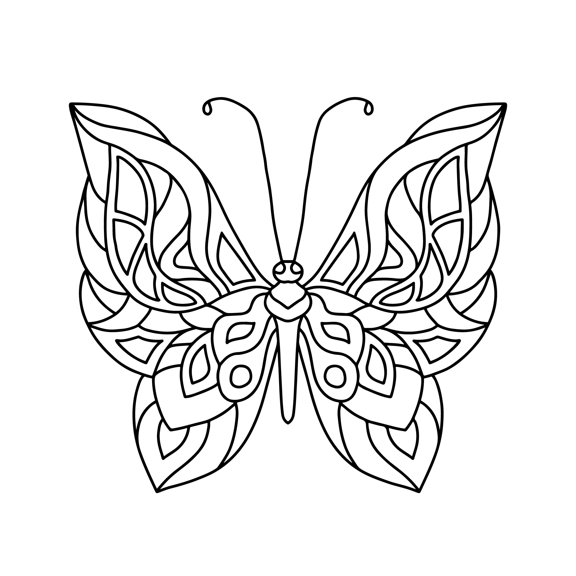Раскраска для детей: бабочка с узорчатыми крыльями и длинными усиками