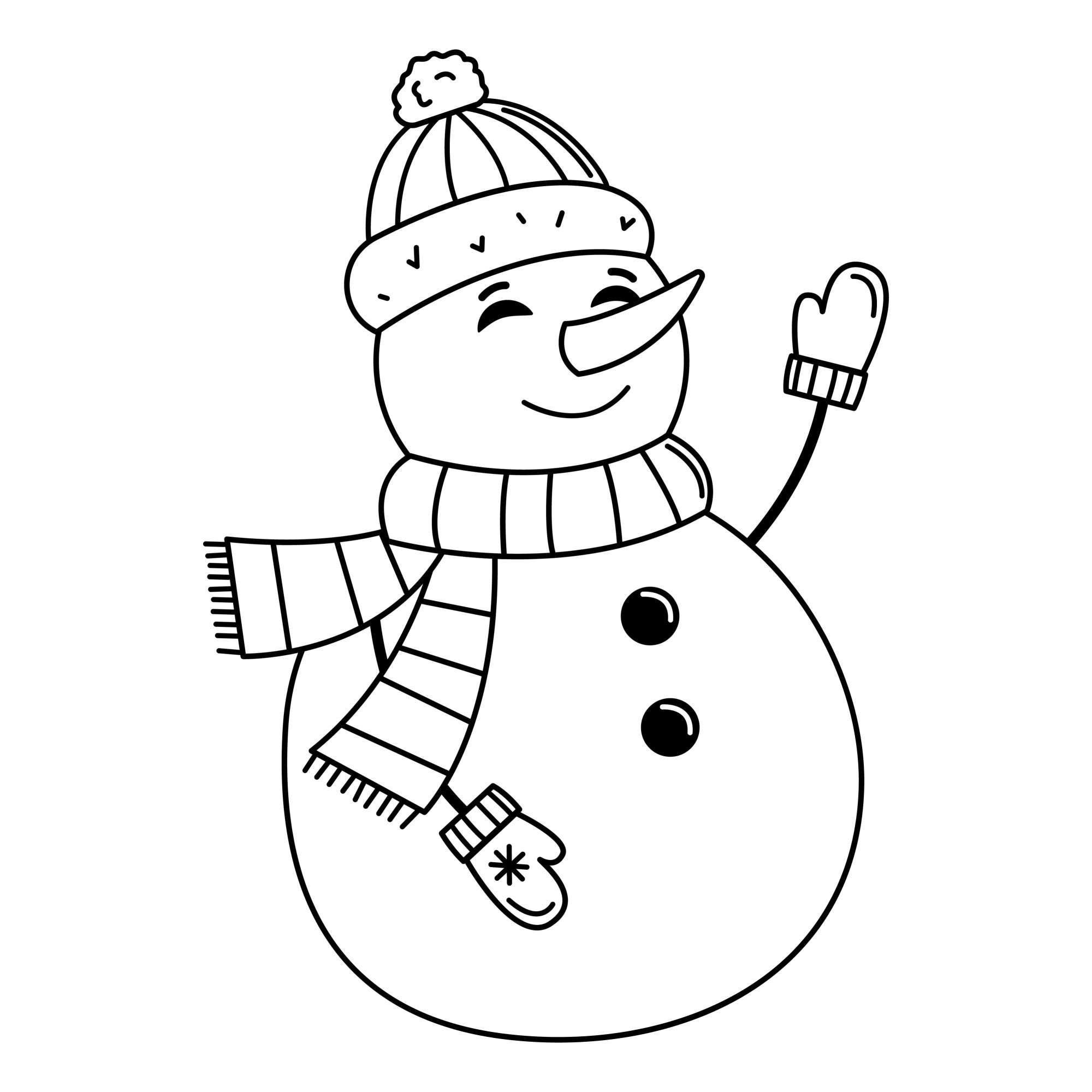 Раскраска для детей: добрый снеговик в шапке и шарфе машет рукой