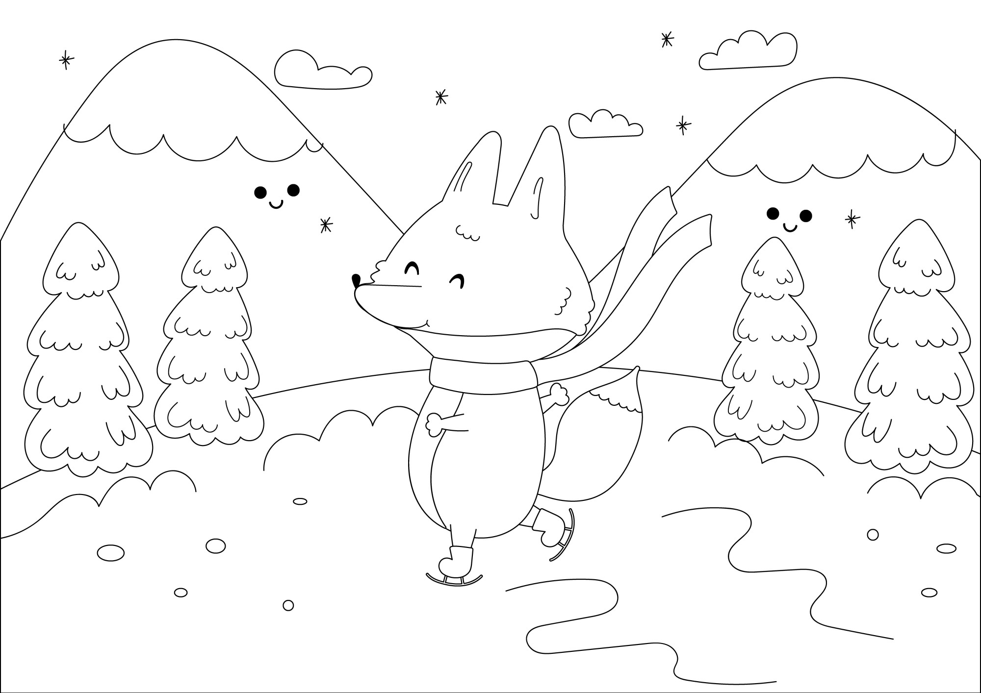 Раскраска для детей: антистрессовая лиса на коньках с шарфом на фоне гор