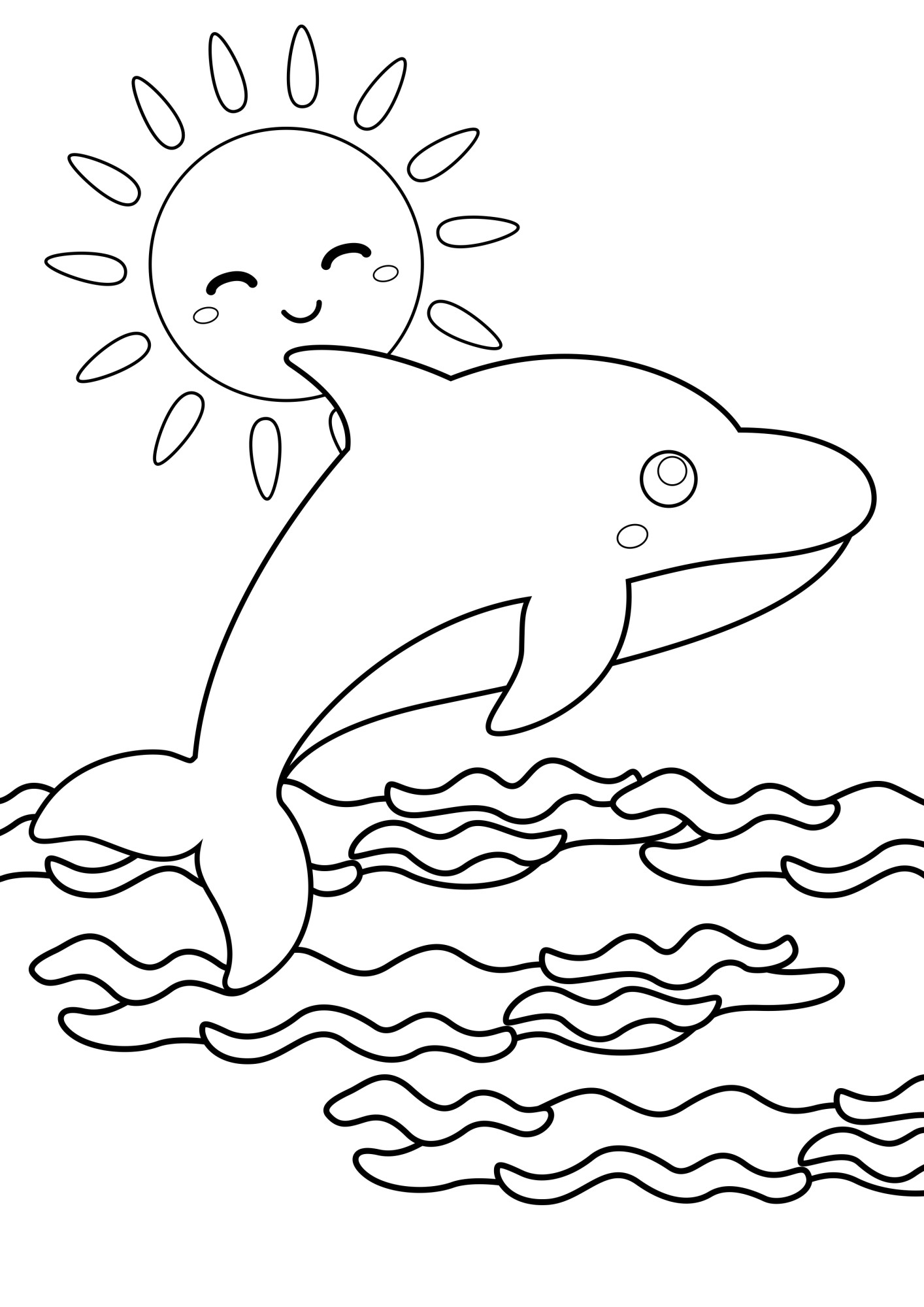 Раскраска для детей: дельфин и солнце над водой