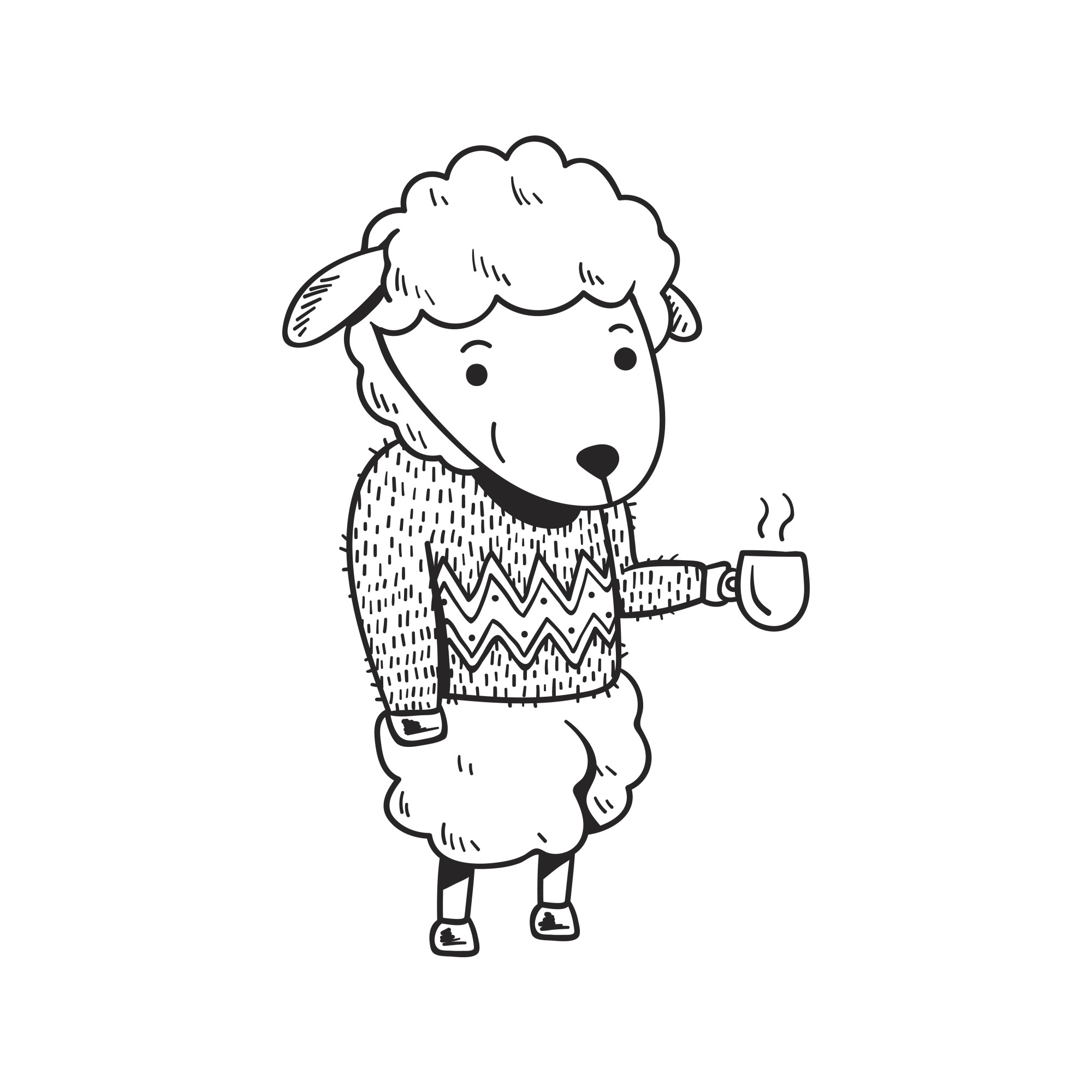 Раскраска для детей: мультяшный баран стоит с кружкой чая в свитере