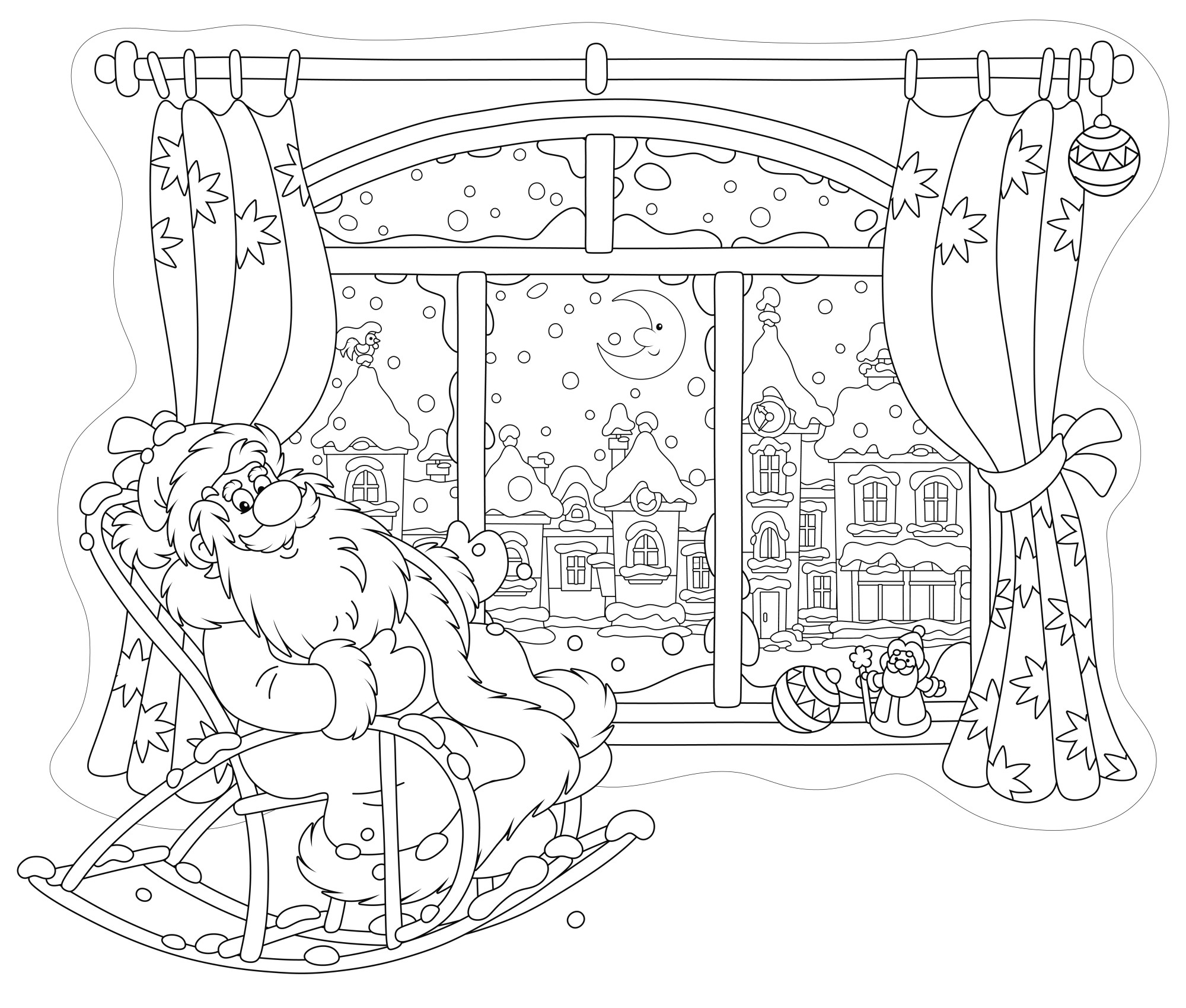 Раскраска для детей: дед мороз смотрит в окно сидя в кресле-качалке дома