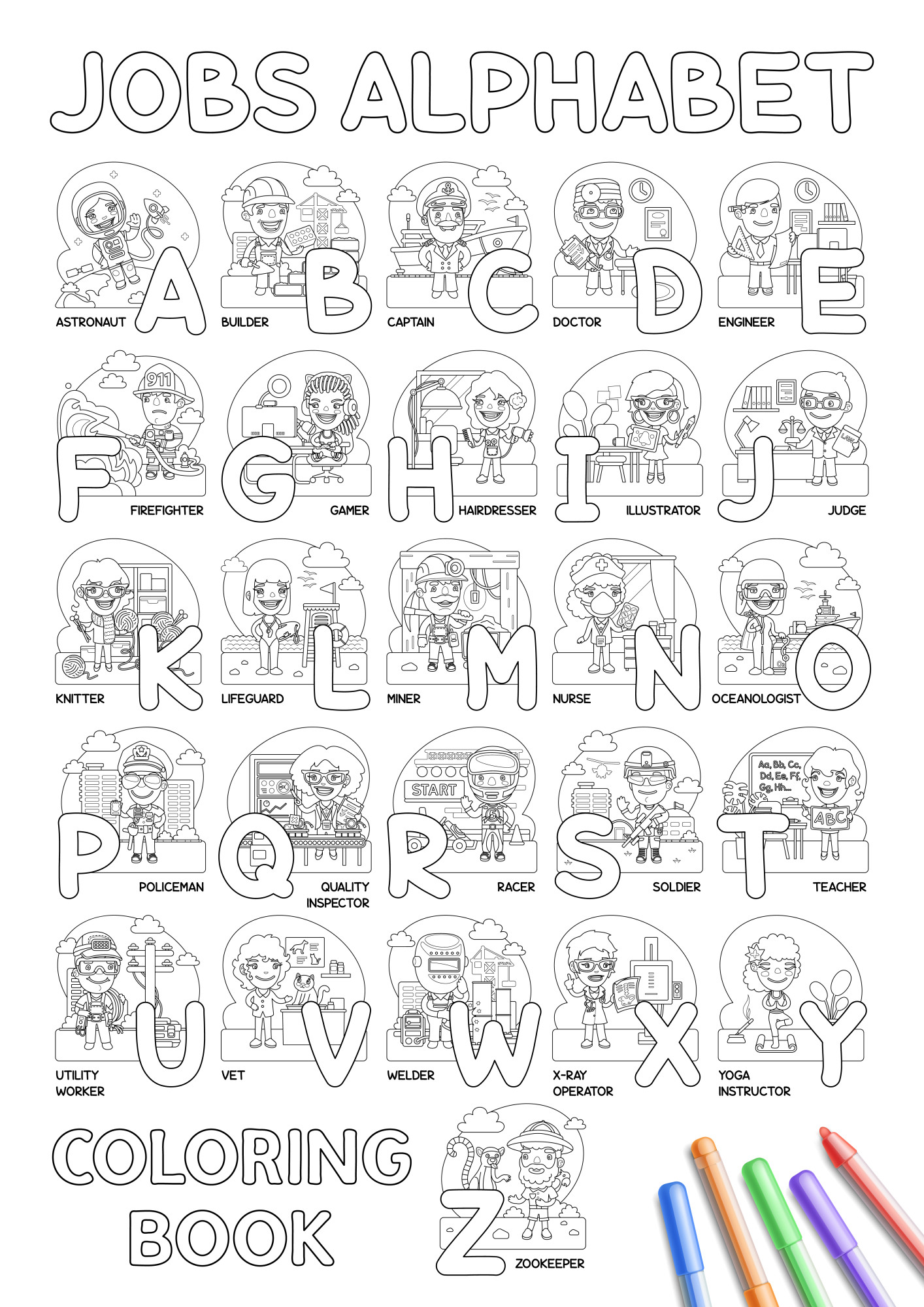 Раскраска для детей: английский алфавит с картинками профессий