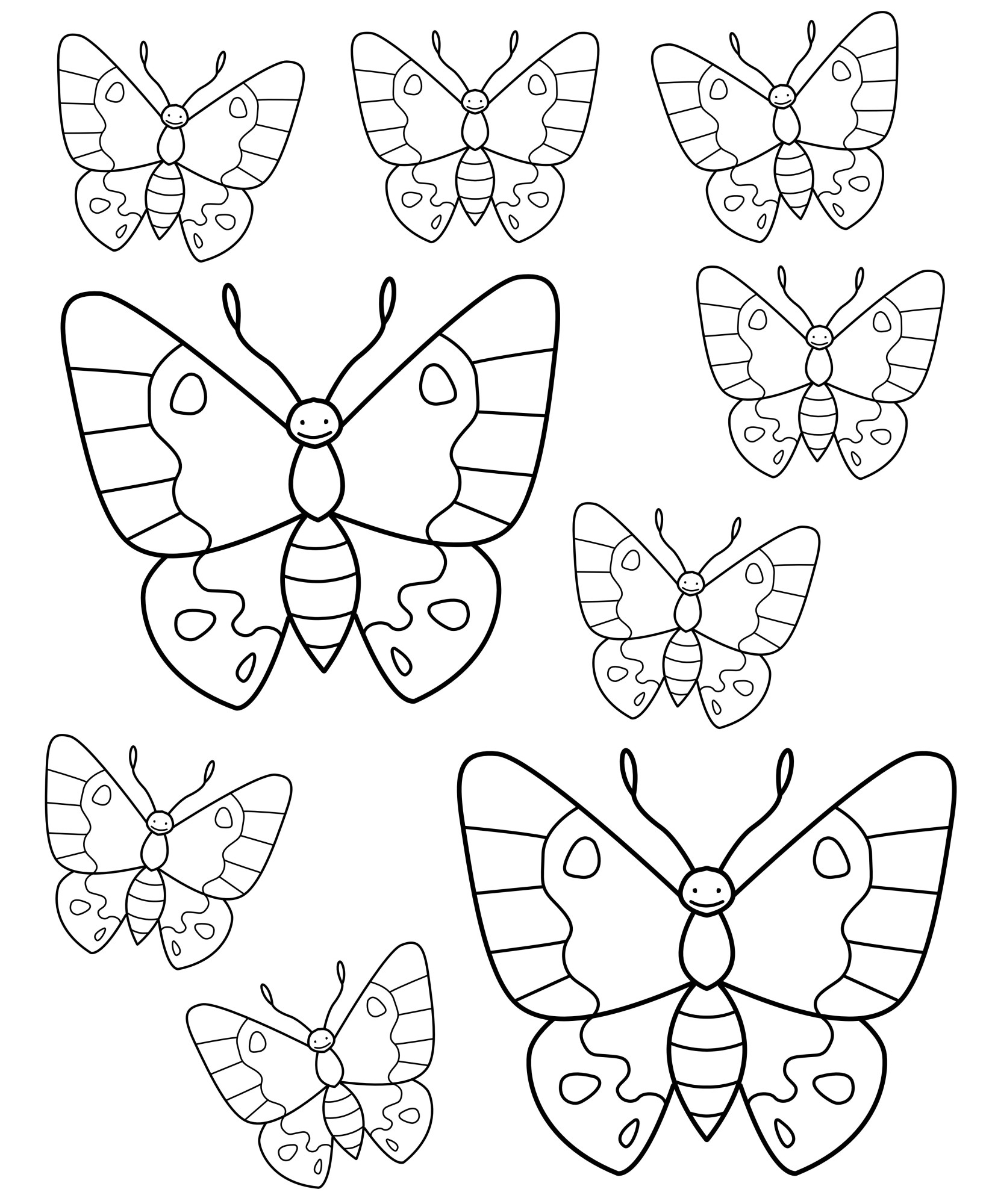 Раскраска для детей: много бабочек на листе