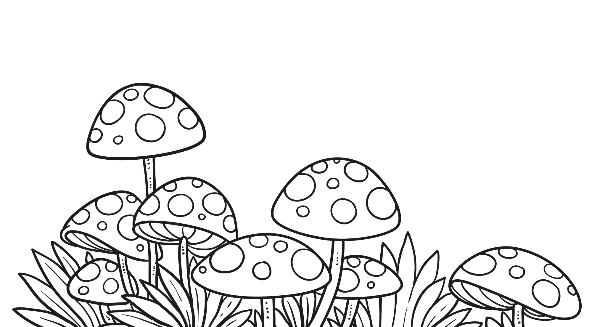 Раскраска для детей: грибы поганки на поляне в траве