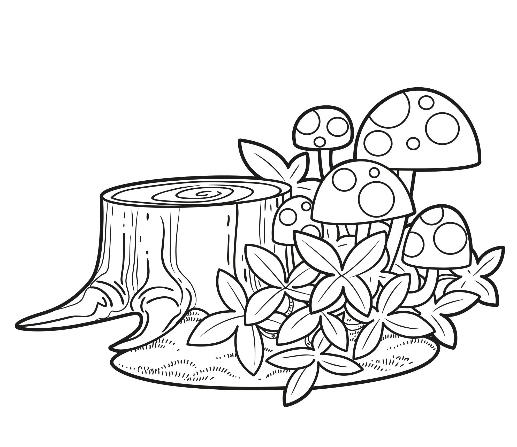 Раскраска для детей: грибы возле пенька в зарослях травы