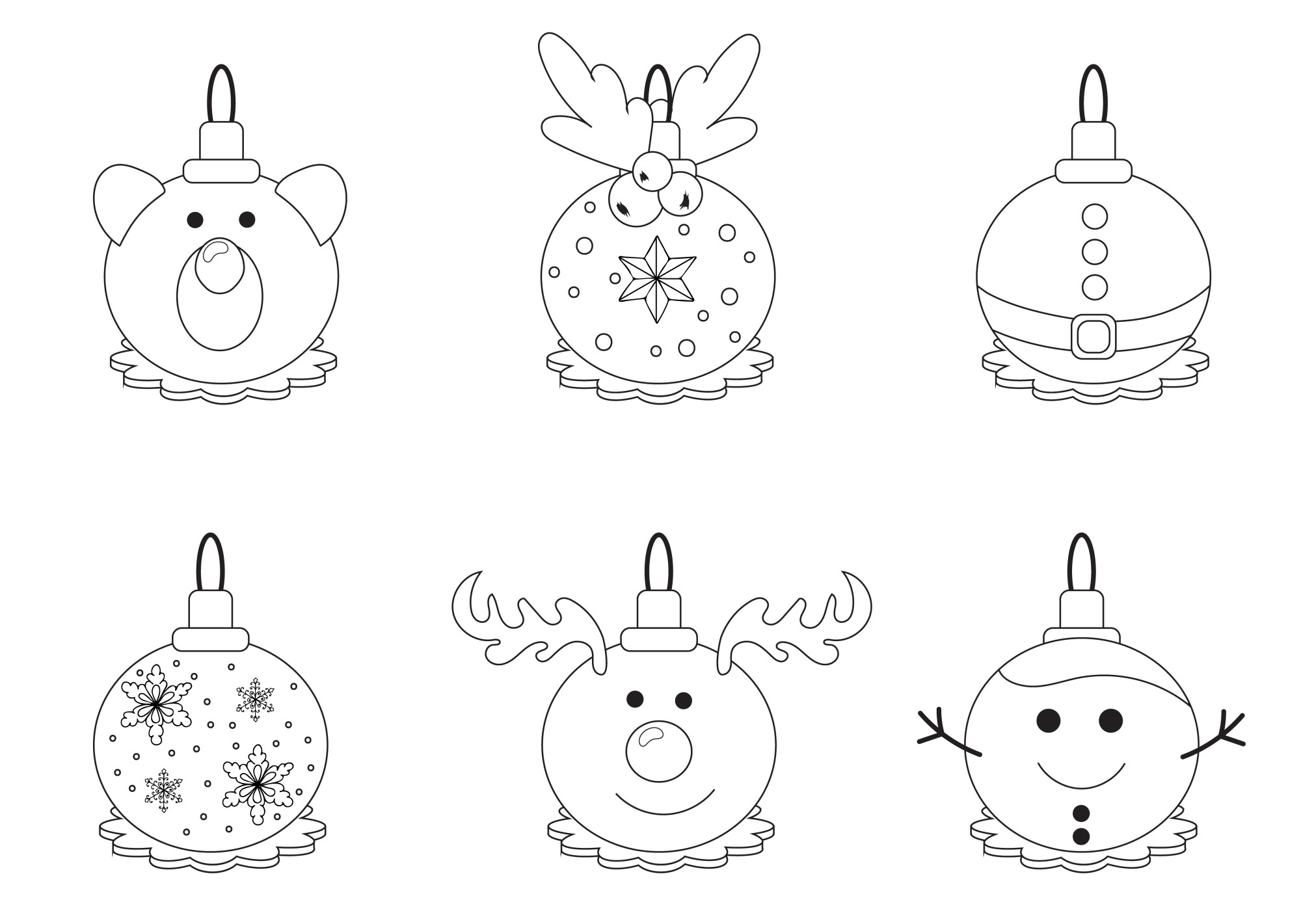 Раскраска для детей: шесть новогодних ёлочных шаров