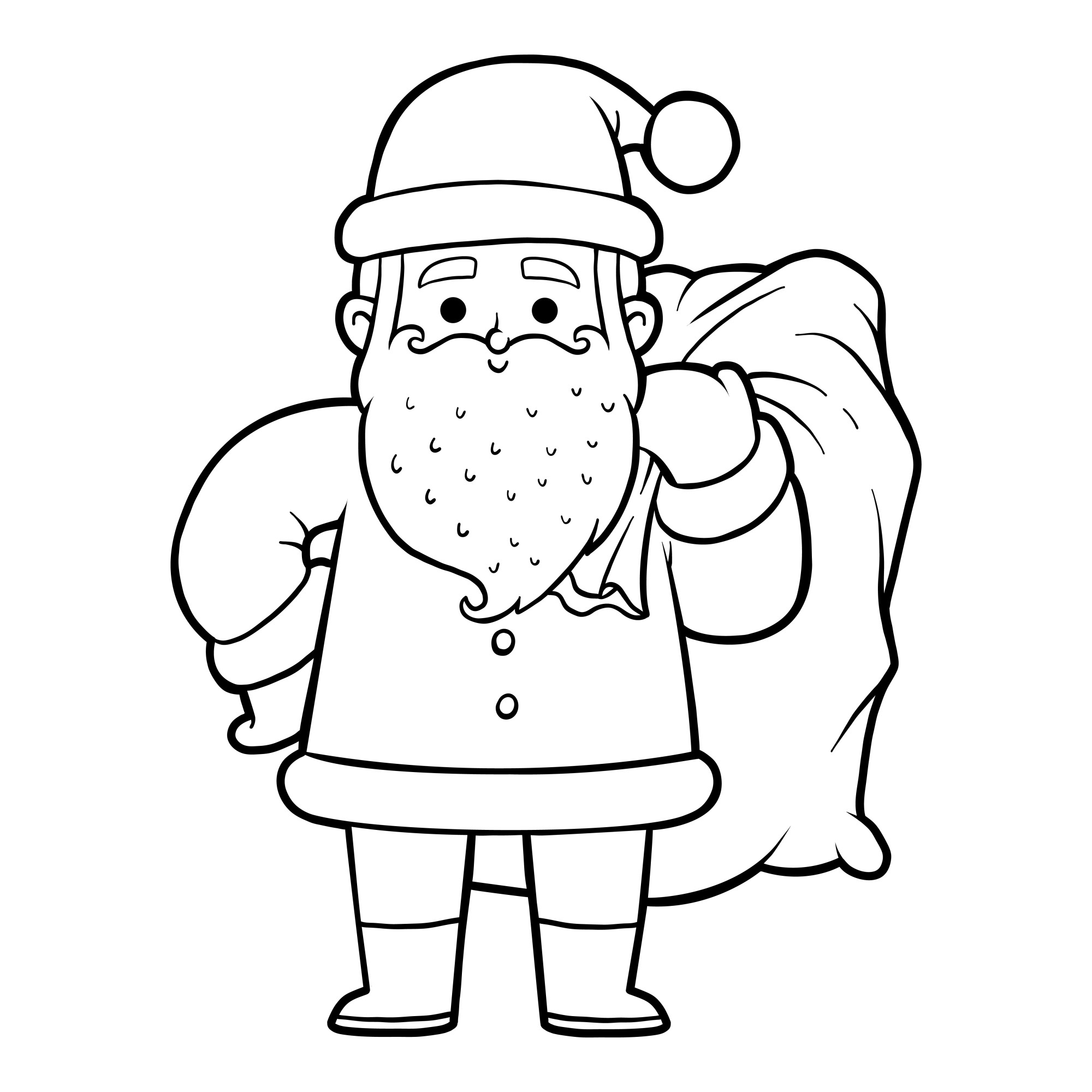 Раскраска для детей: дед мороз стоит в шапке и большим мешком подарков на плече