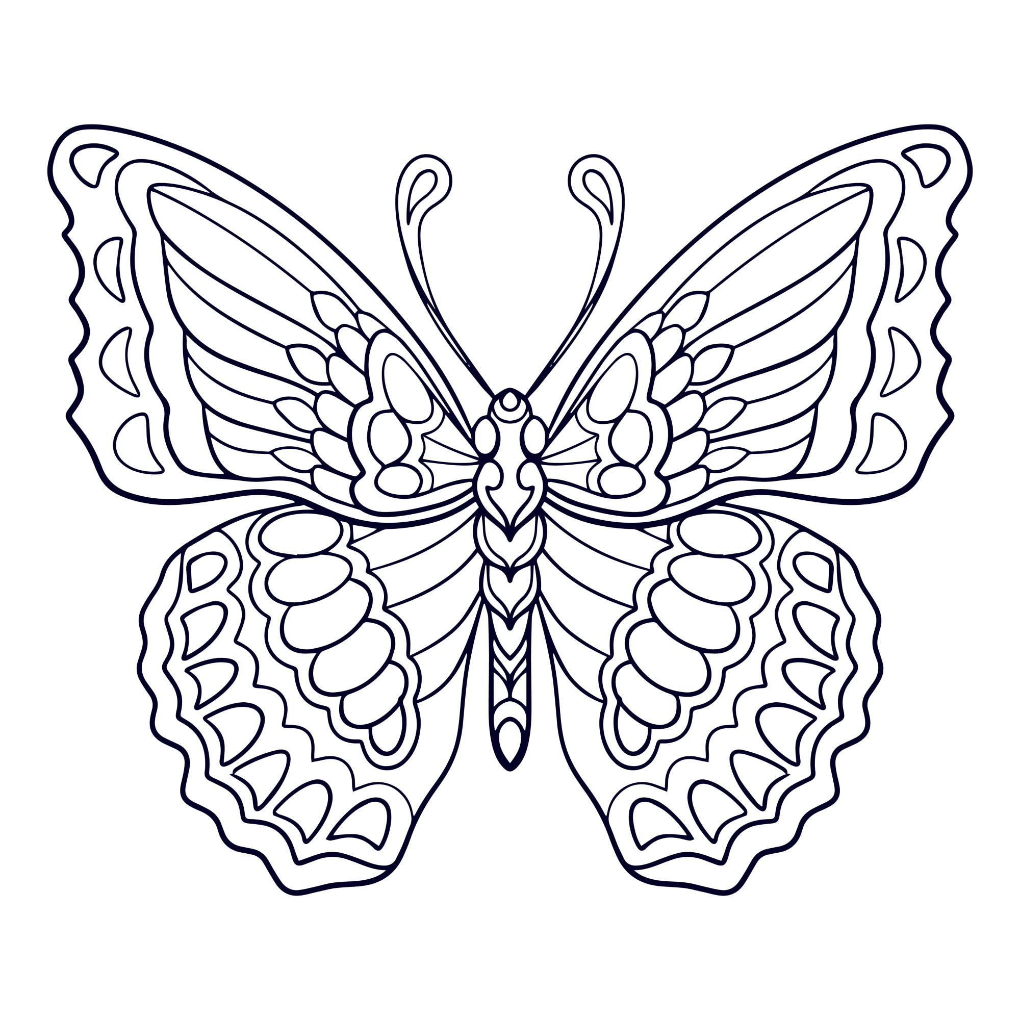 Раскраска для детей: бабочка с рисунком мандала на крыльях