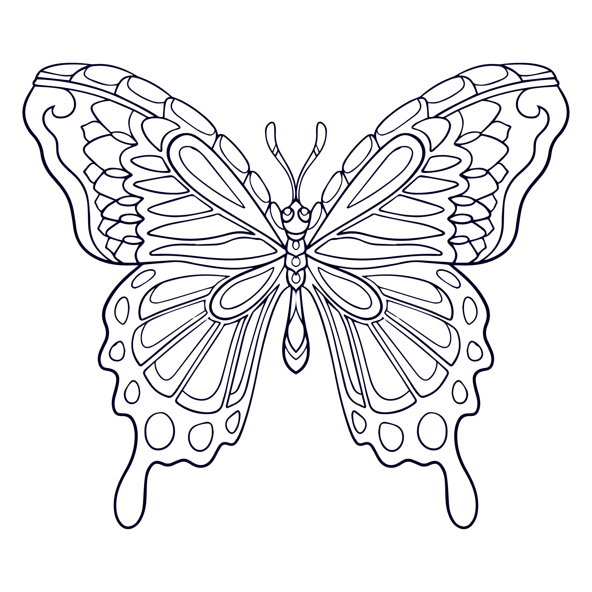 Раскраска для детей: бабочка с узорами мандола на крыльях