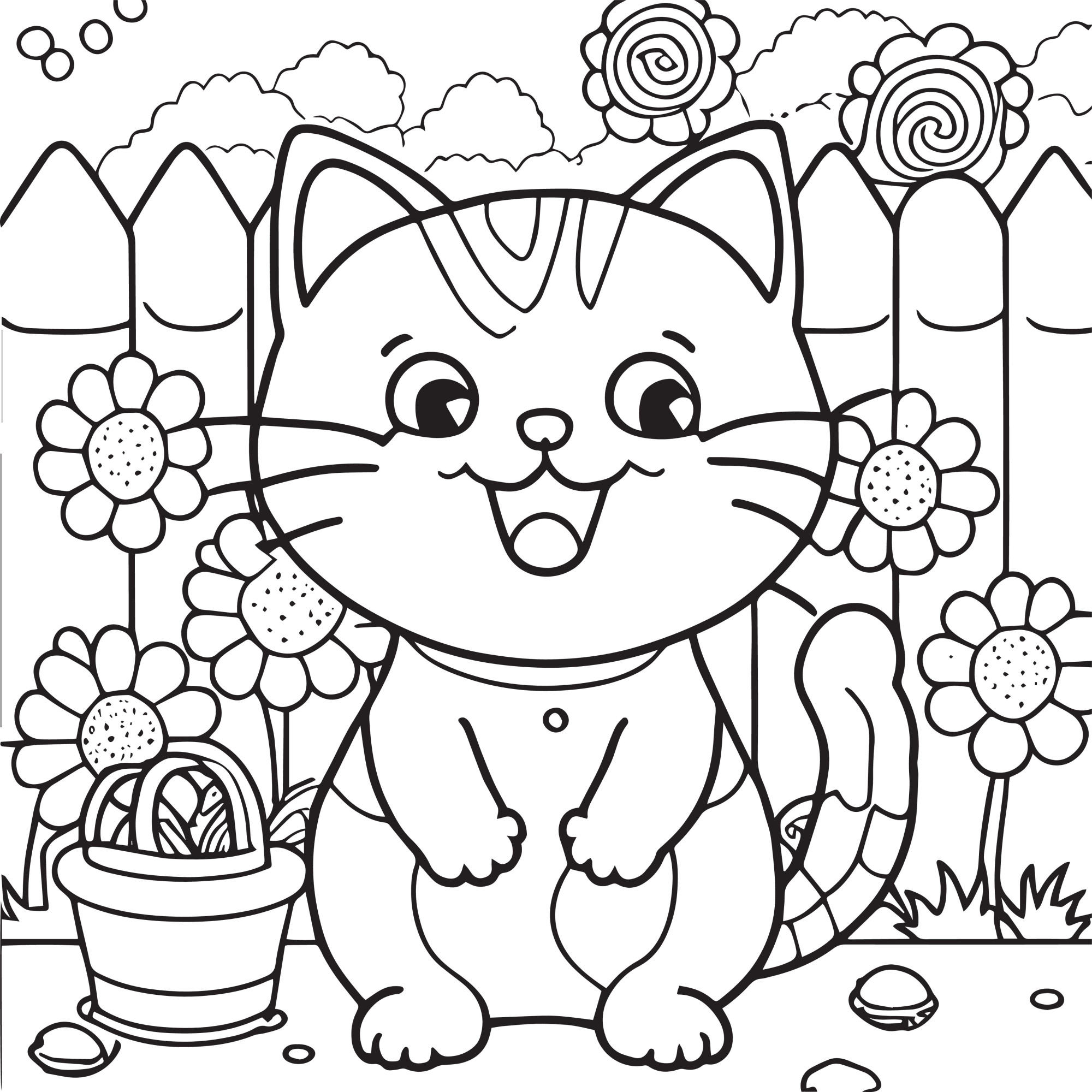 Раскраска для детей: cчастливый кот на фоне садового забора с цветами