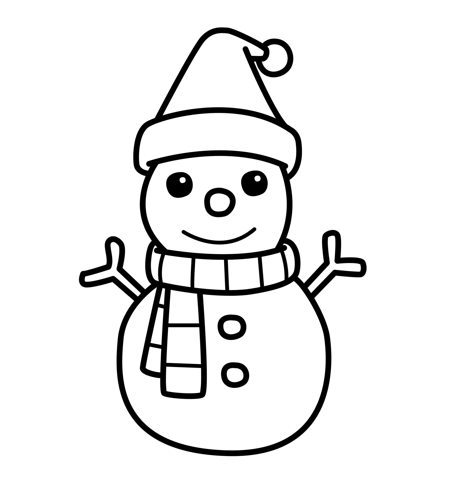 Раскраска для детей: снеговик в праздничном чепчике с шарфом