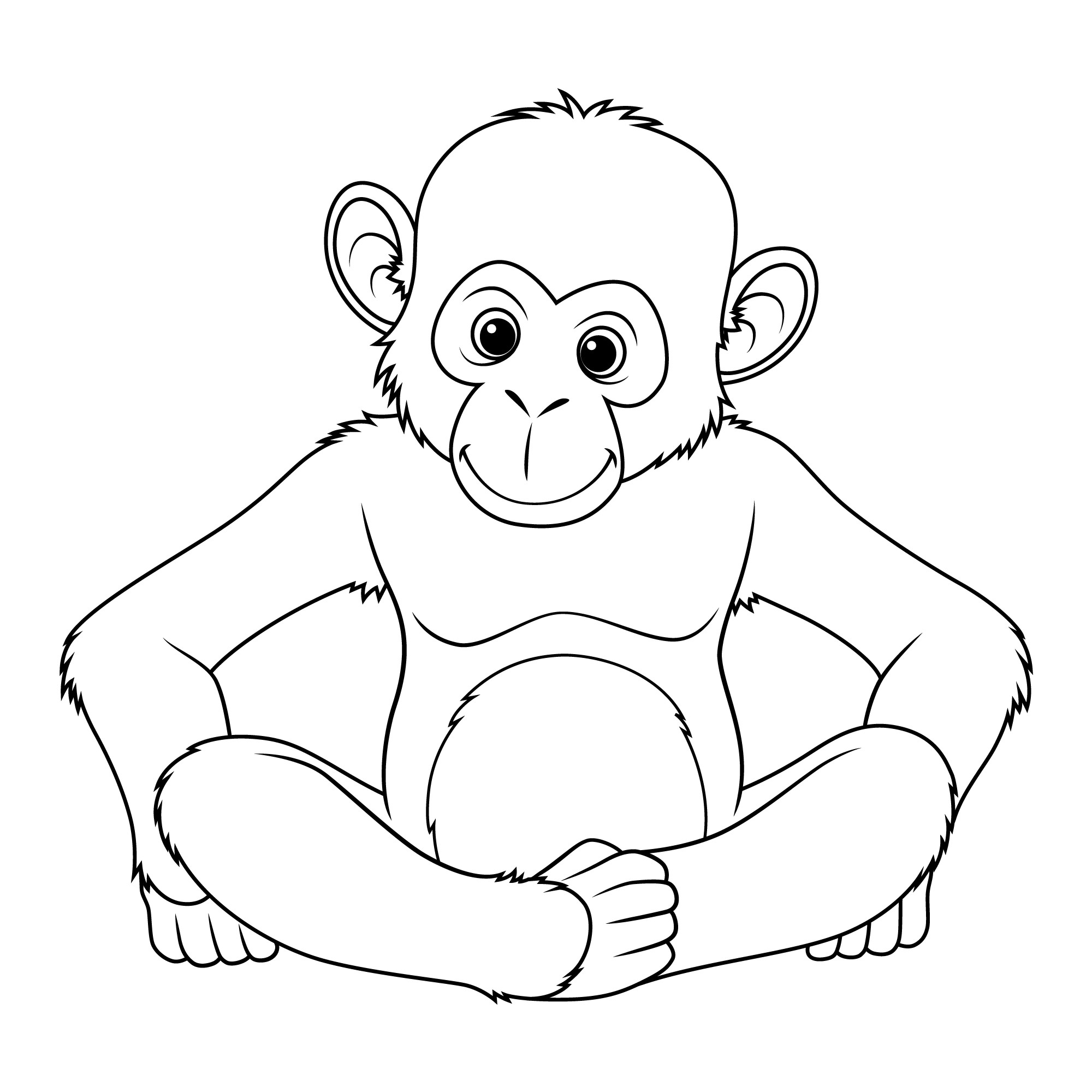 Раскраска для детей: обезьяна шимпанзе сидит на задних лапах