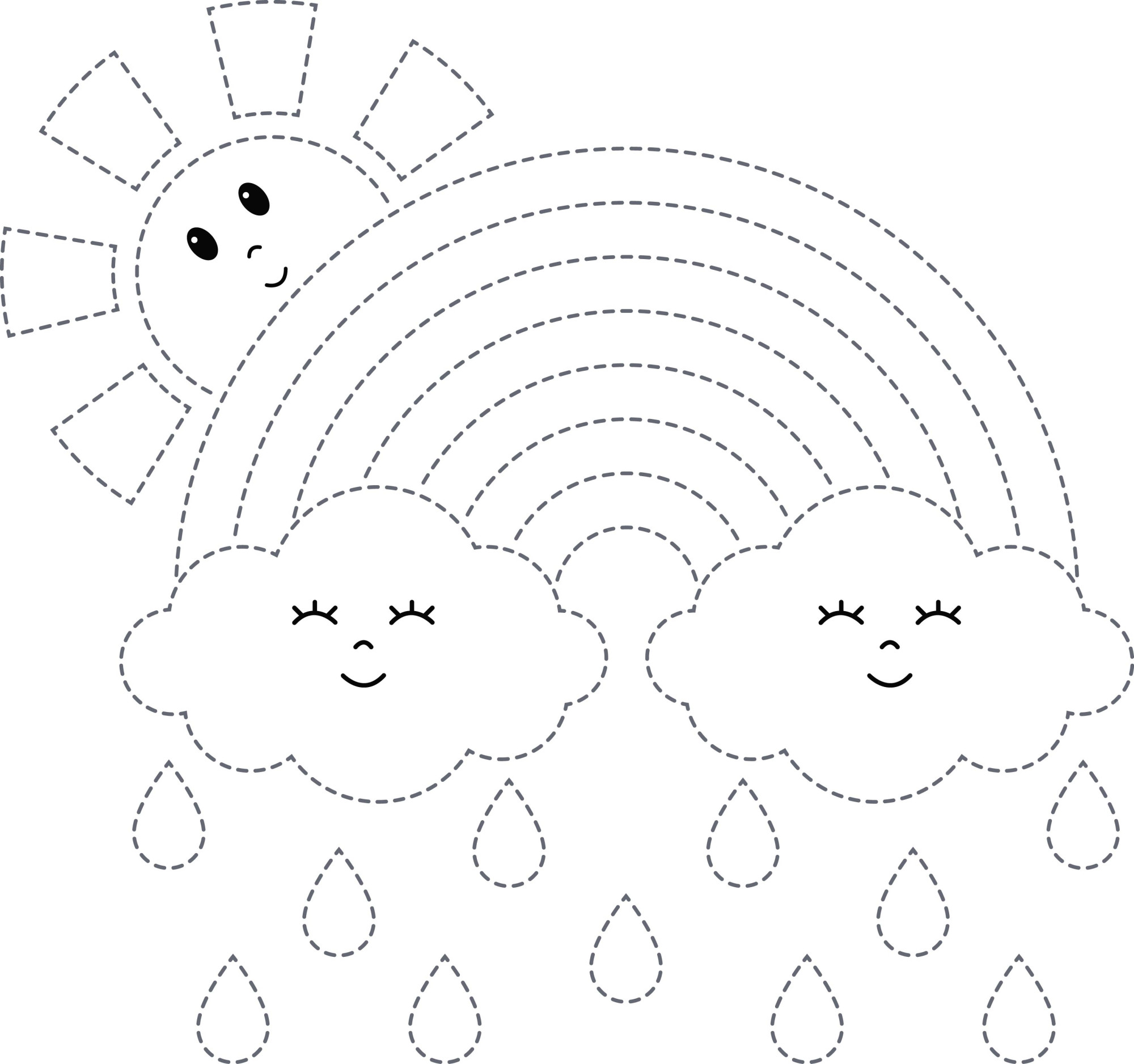 Раскраска для детей: радуга в облаках после дождя по точкам