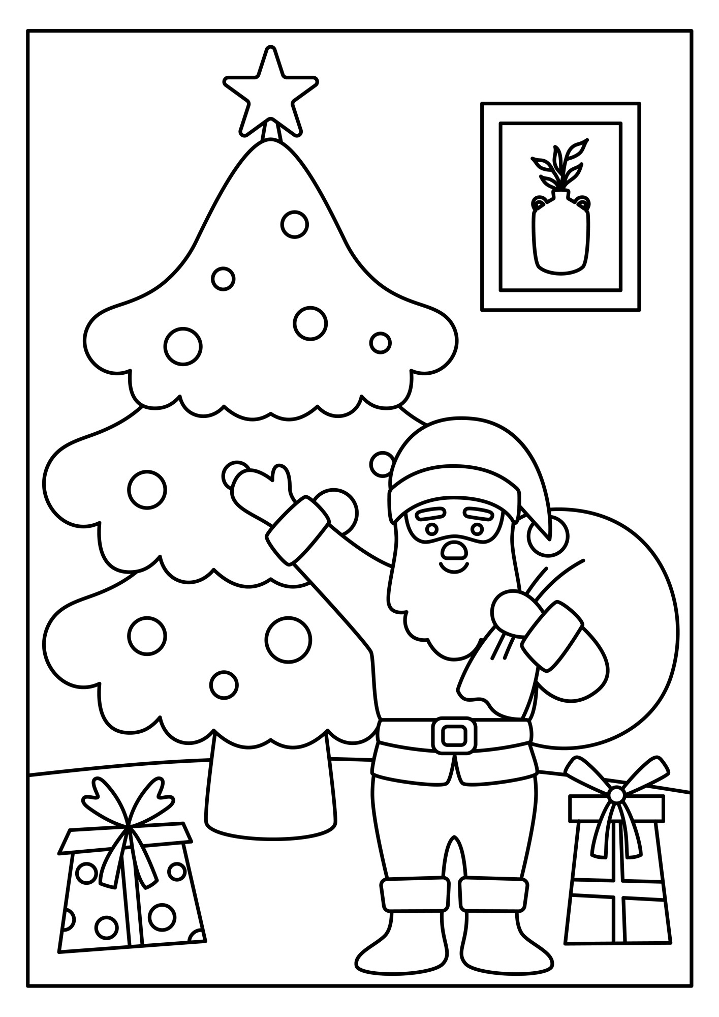 Раскраска для детей: новогодняя ёлка со звездой и дед мороз