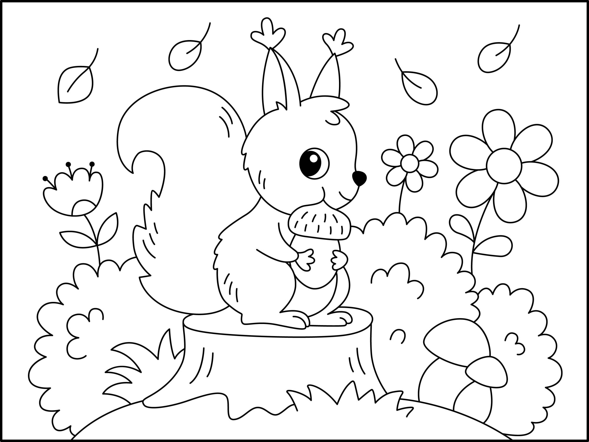 Раскраска для детей: белка с орешком сидит на пеньке в осеннем лесу