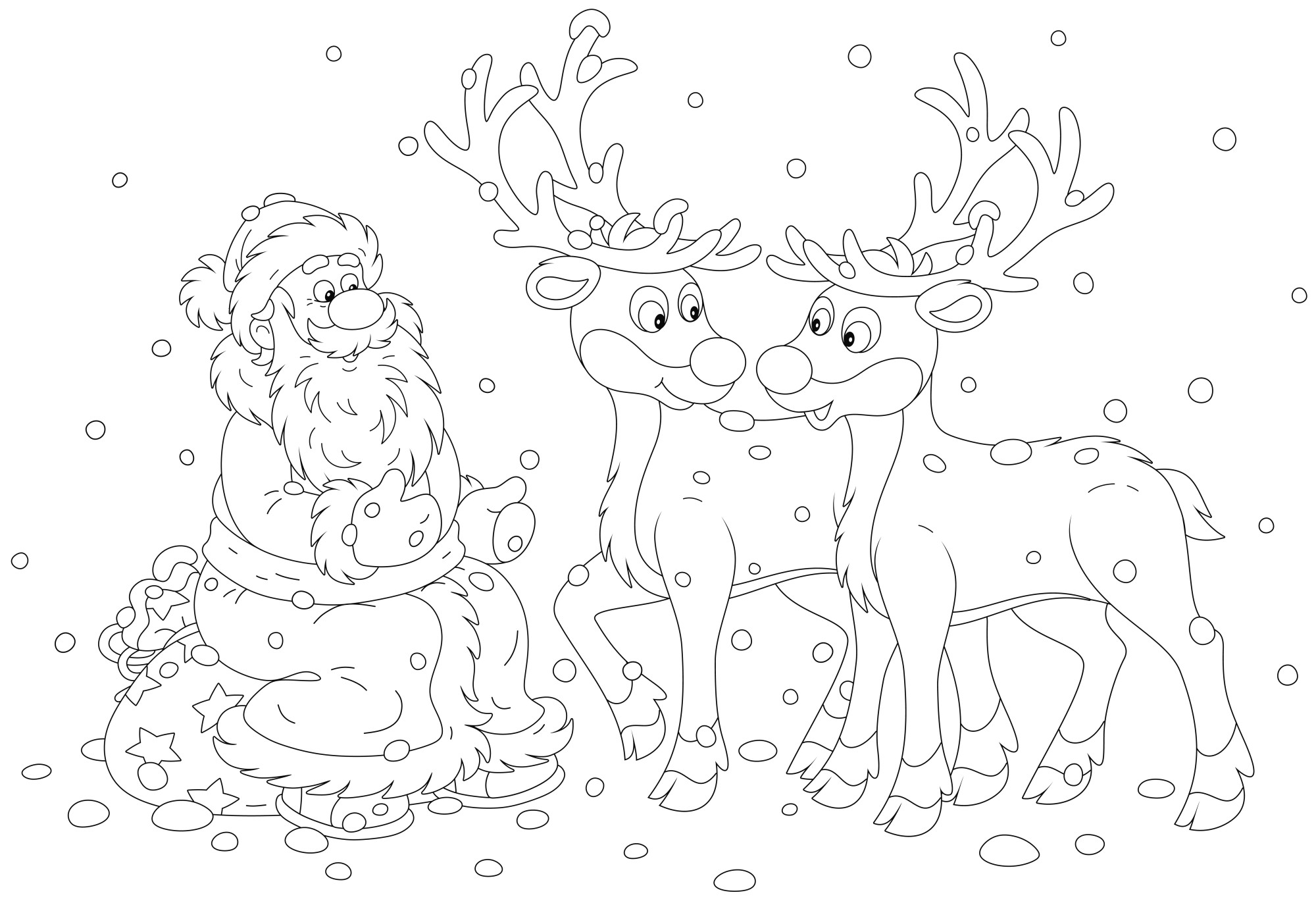 Раскраска для детей: дед мороз сидит на мешке с подарками рядом с оленями
