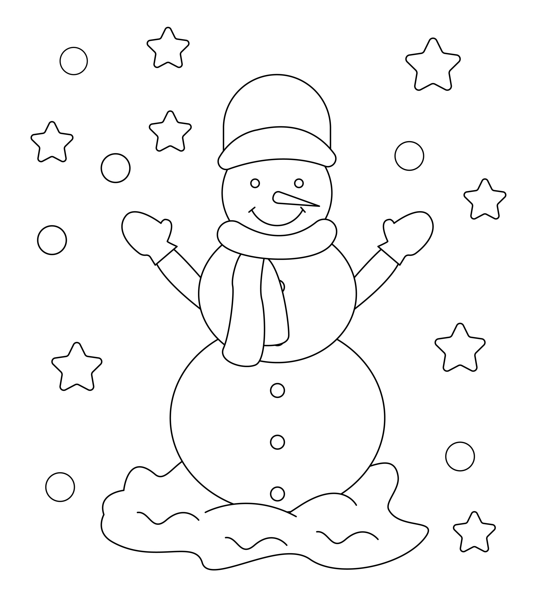 Раскраска для детей: снеговик в шапке и шарфе с поднятыми руками в варежках