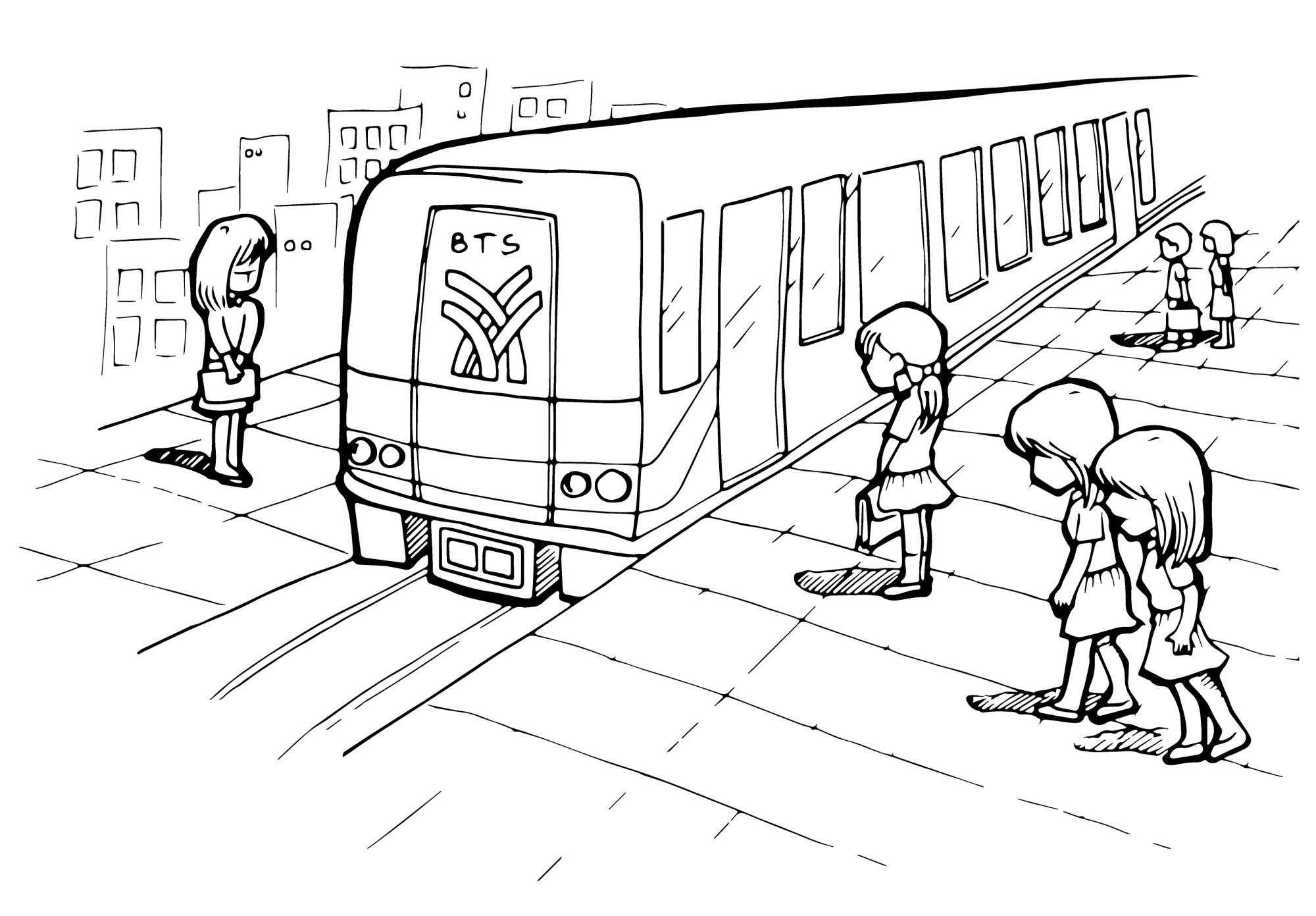 Раскраска для детей: люди стоят на станции метро рядом с поездом
