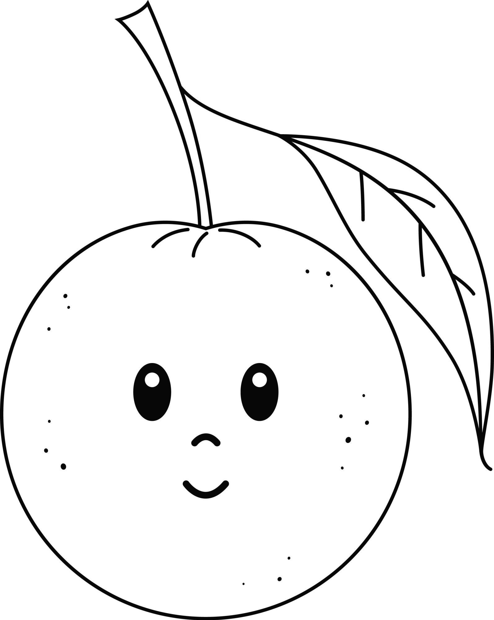 Раскраска для детей: мультяшный апельсин с глазами и листиком