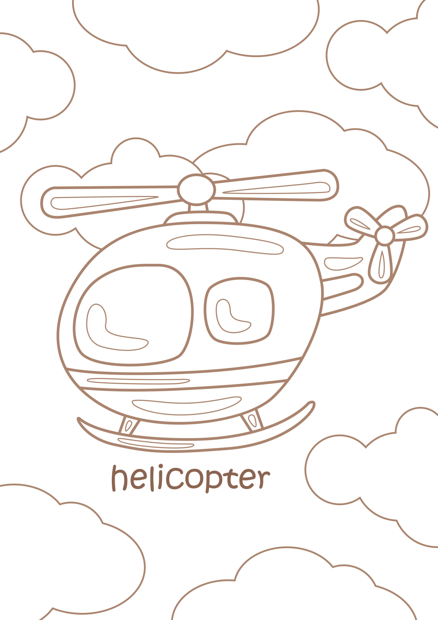 Раскраска для детей: мультяшный вертолет в облаках