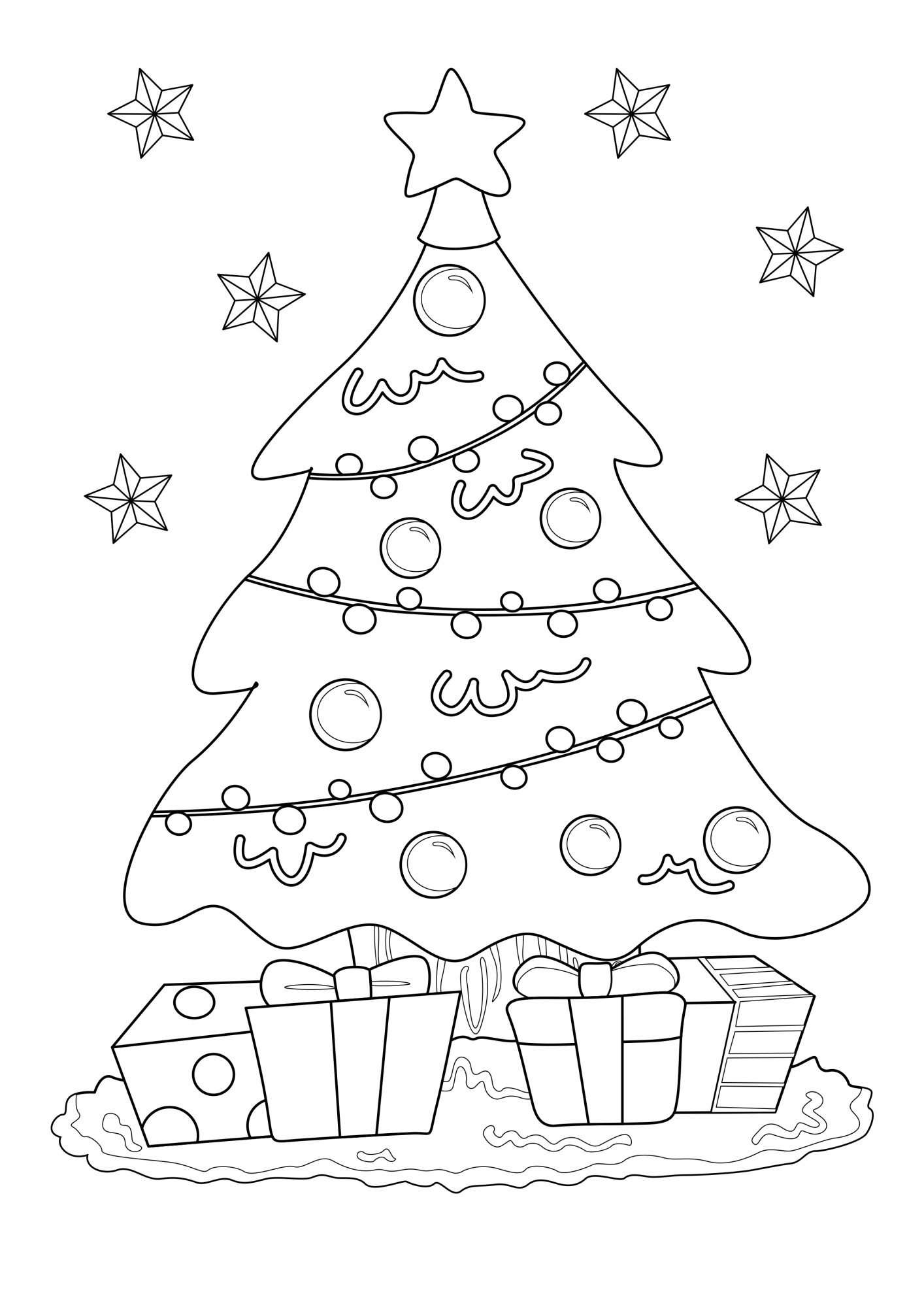 Раскраска для детей: праздничная новогодняя ёлка с подарками