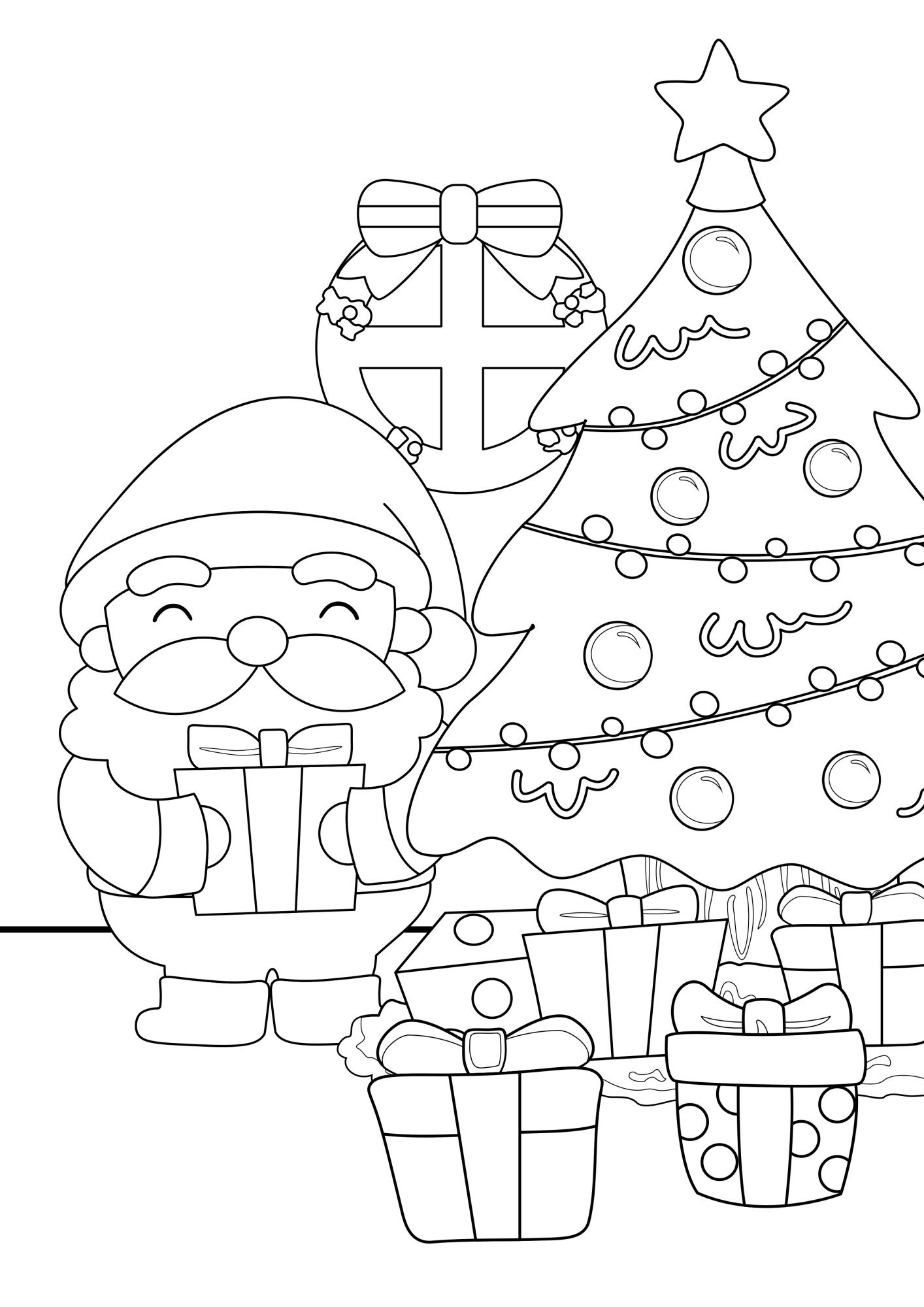 Раскраска для детей: украшенная новогодняя ёлка с подарками и дедом морозом