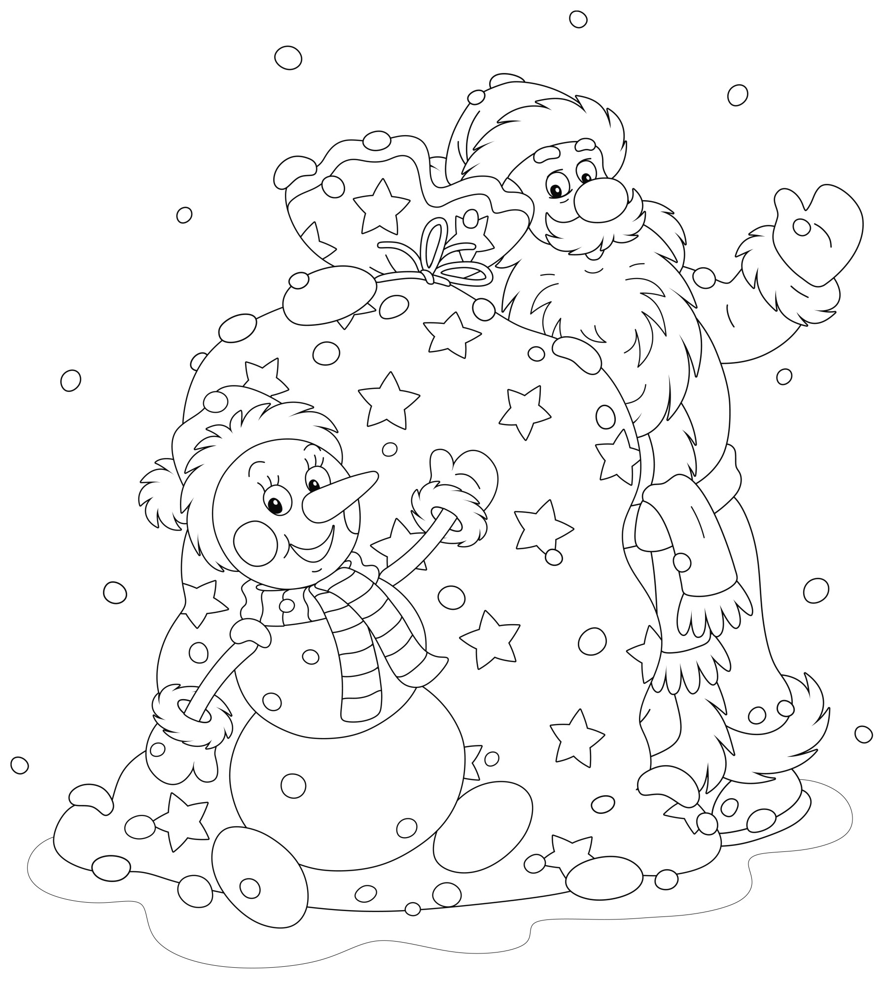 Раскраска для детей: дед мороз и снеговик с мешком подарков