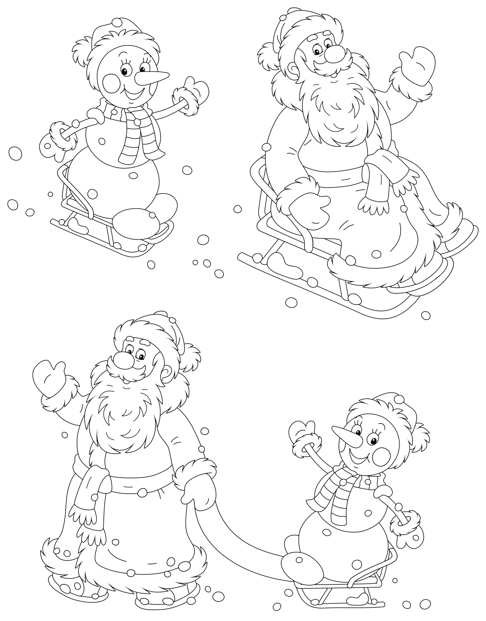 Раскраска для детей: дед мороз и снеговик катаются на санках