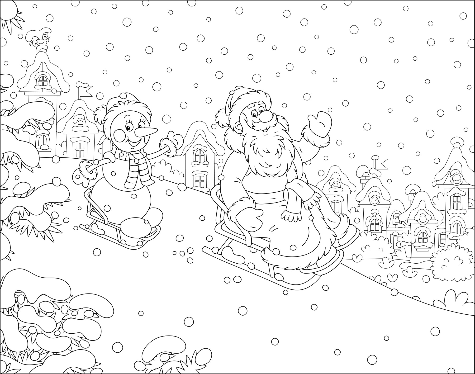 Раскраска для детей: дед мороз и снеговик катаются на санках по снежной горке