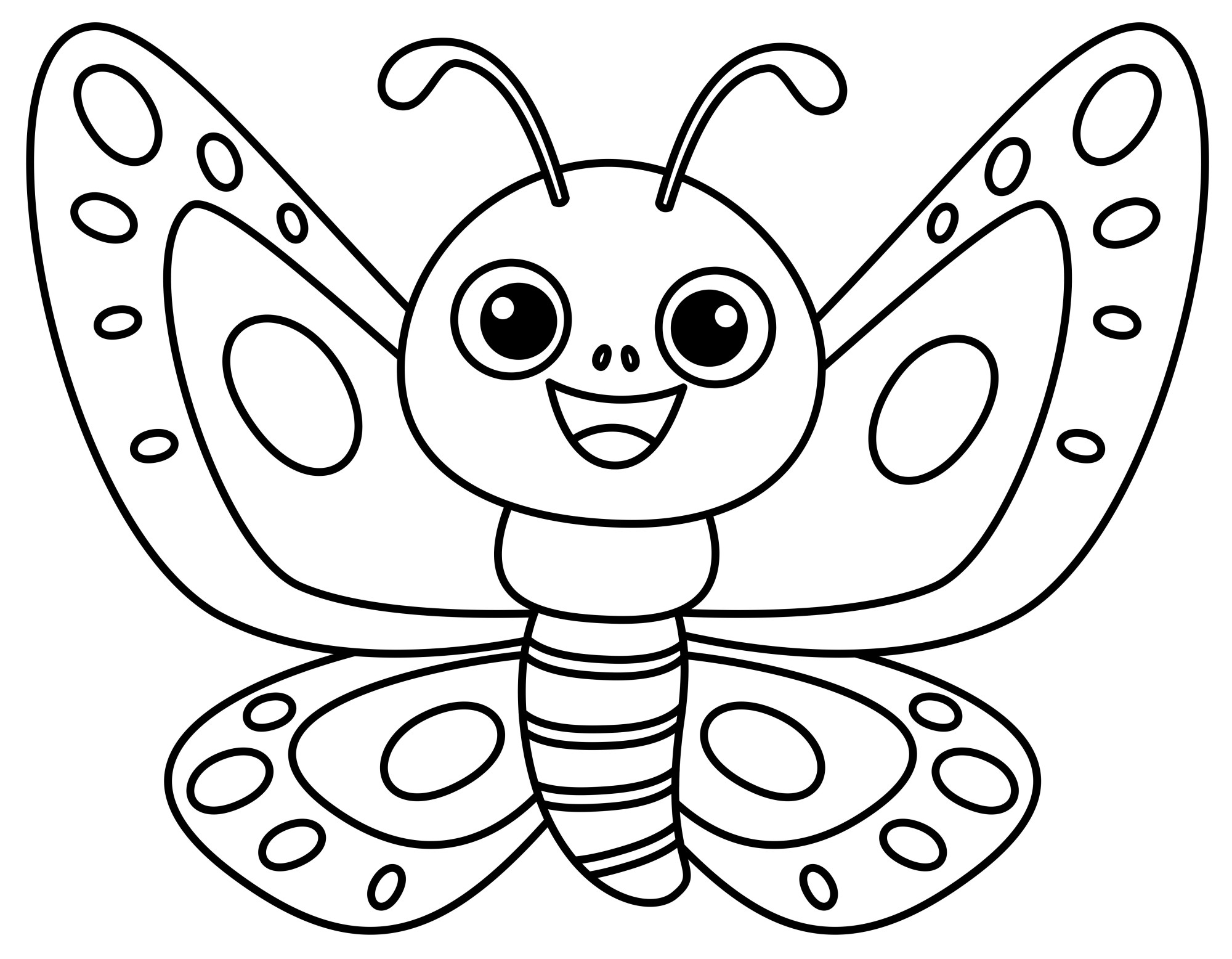 Раскраска для детей: мультяшная маленькая бабочка с улыбкой и большими глазами