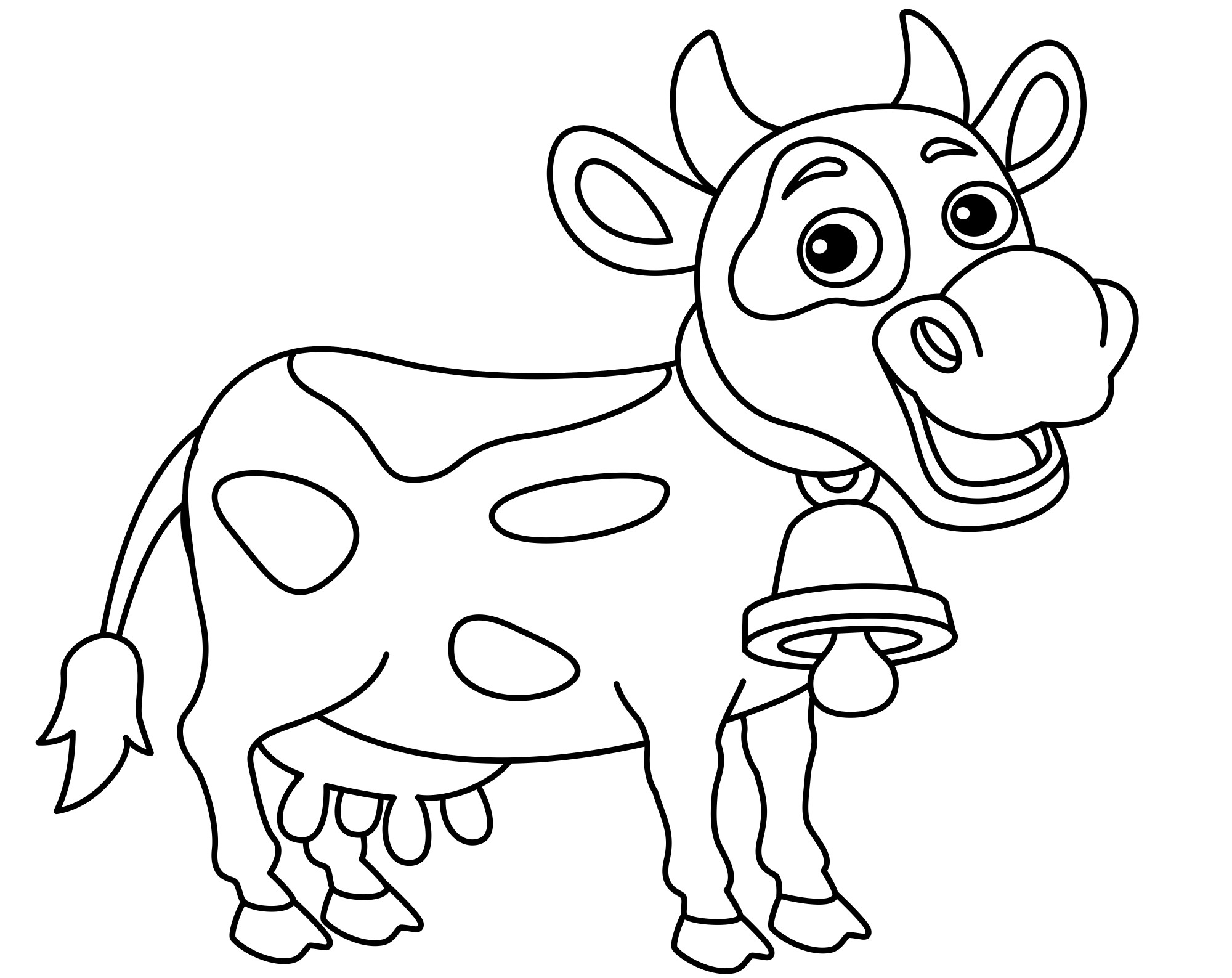 Раскраска для детей: веселая корова с большим колокольчиком на шее