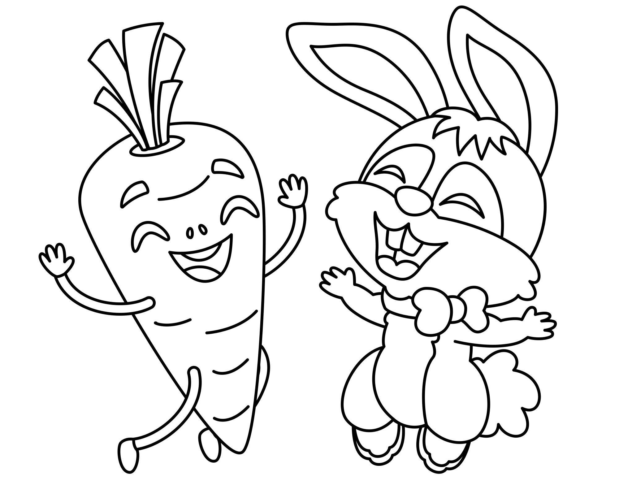 Раскраска для детей: морковка танцует с кроликом