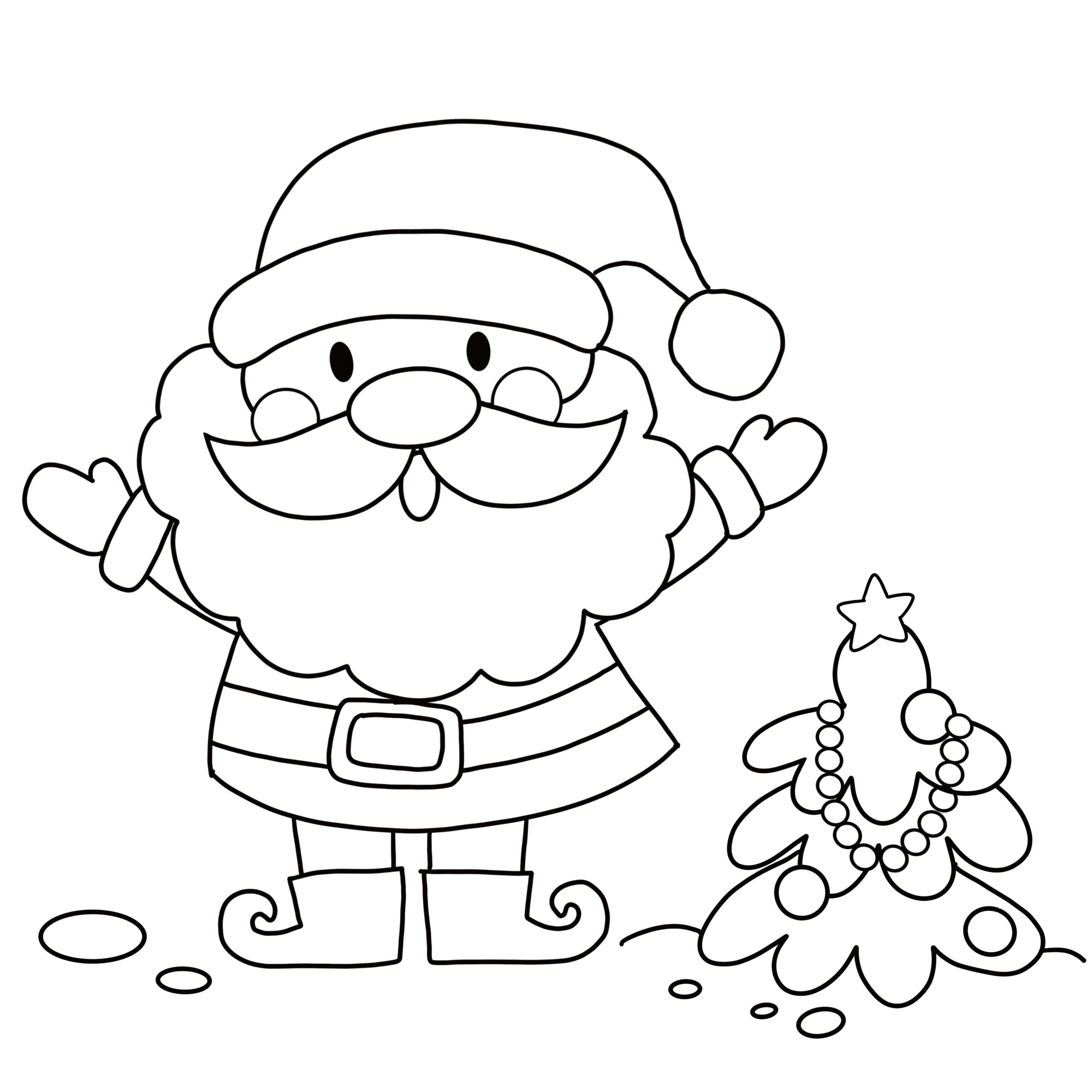 Раскраска для детей: дед мороз в шапке с поднятыми руками рядом с ёлкой