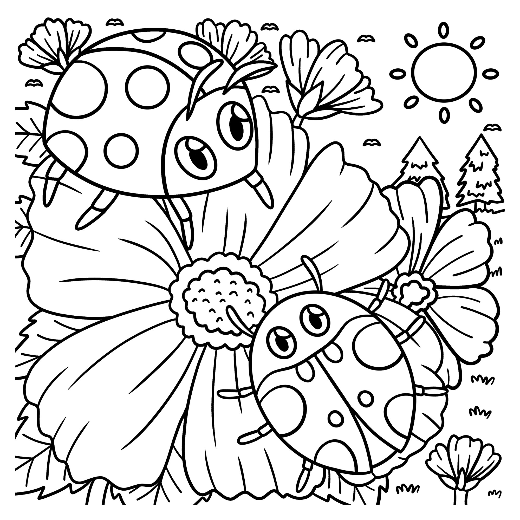 Раскраска для детей: две божьи коровки на цветке