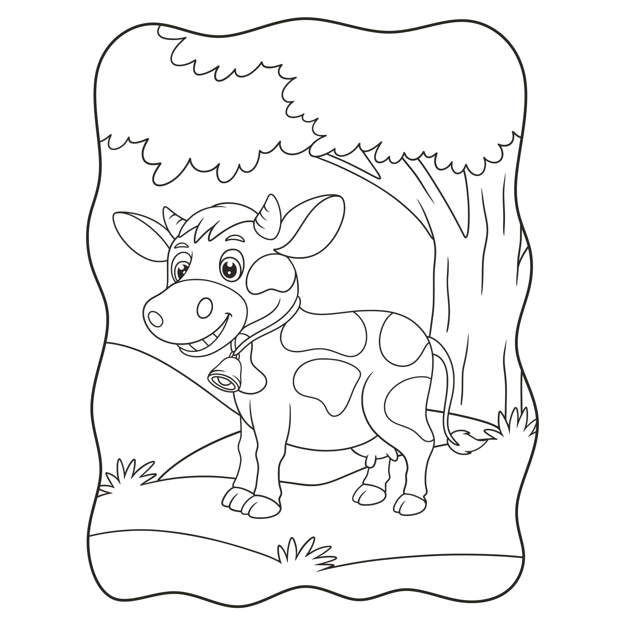 Раскраска для детей: веселая корова с колокольчиком на шее стоит у дерева в лесу