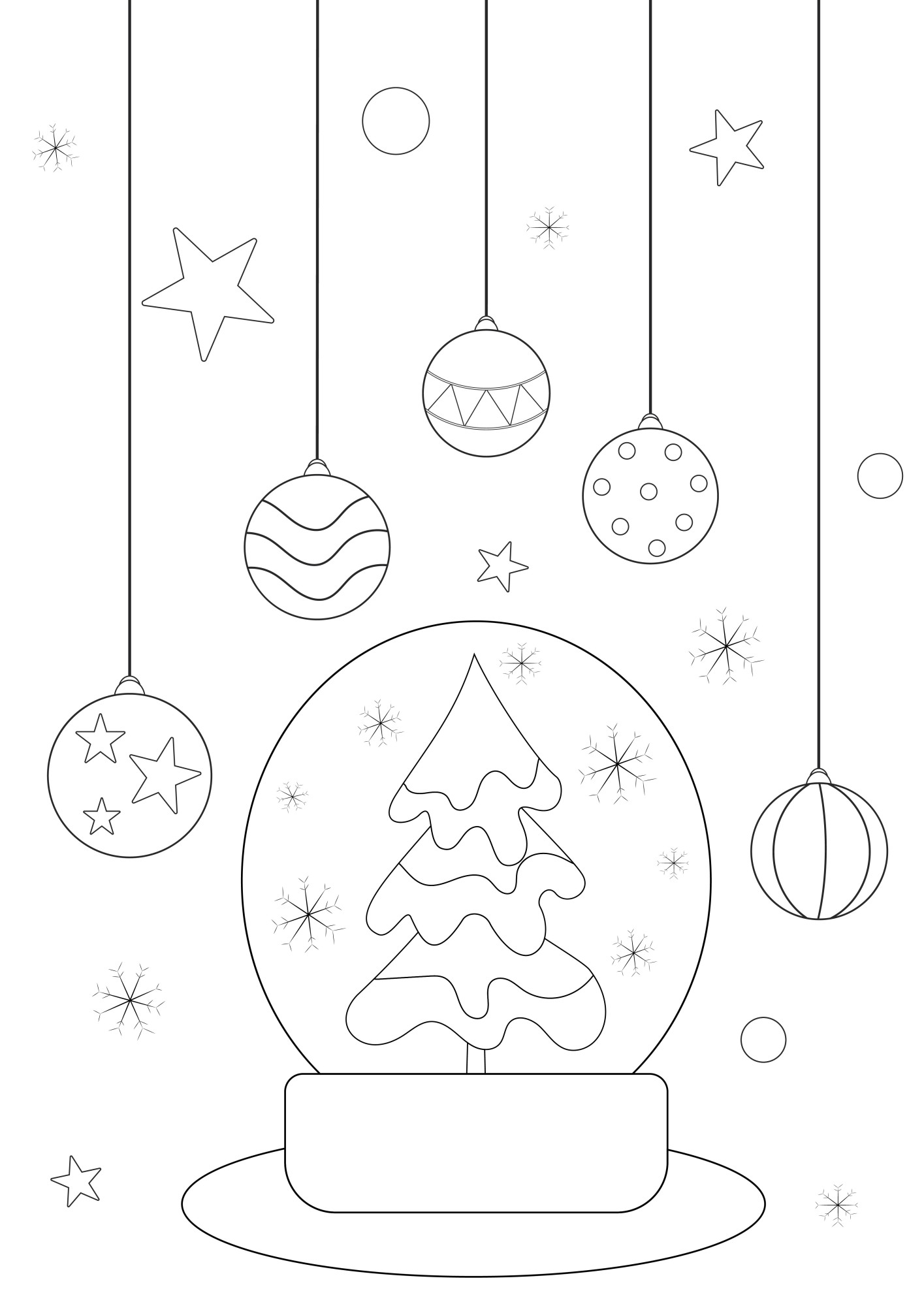 Раскраска для детей: новогодний шар со снежинками и елочными игрушками